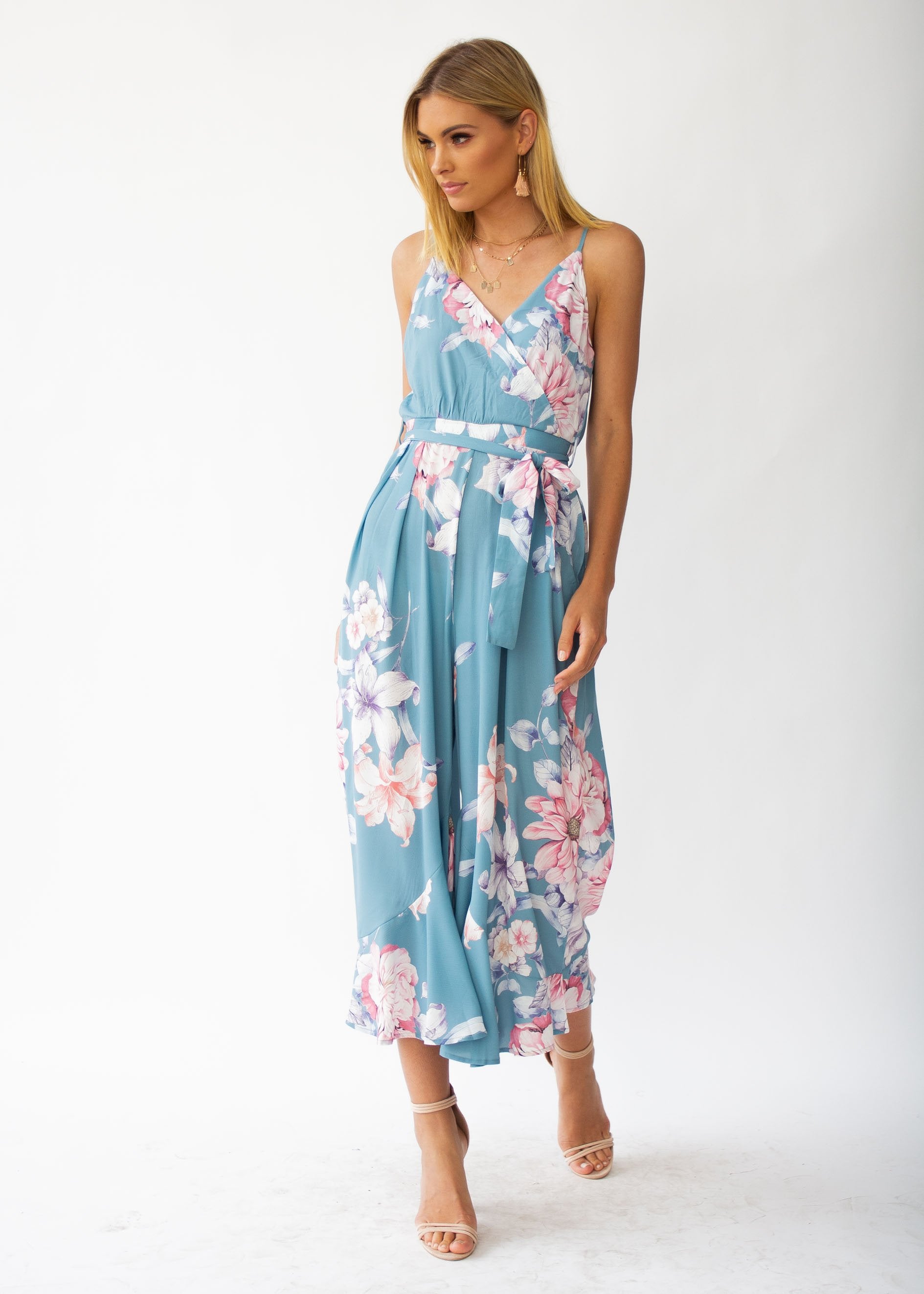 Hidden Hills Pantsuit w/ Tie - Teal Floral