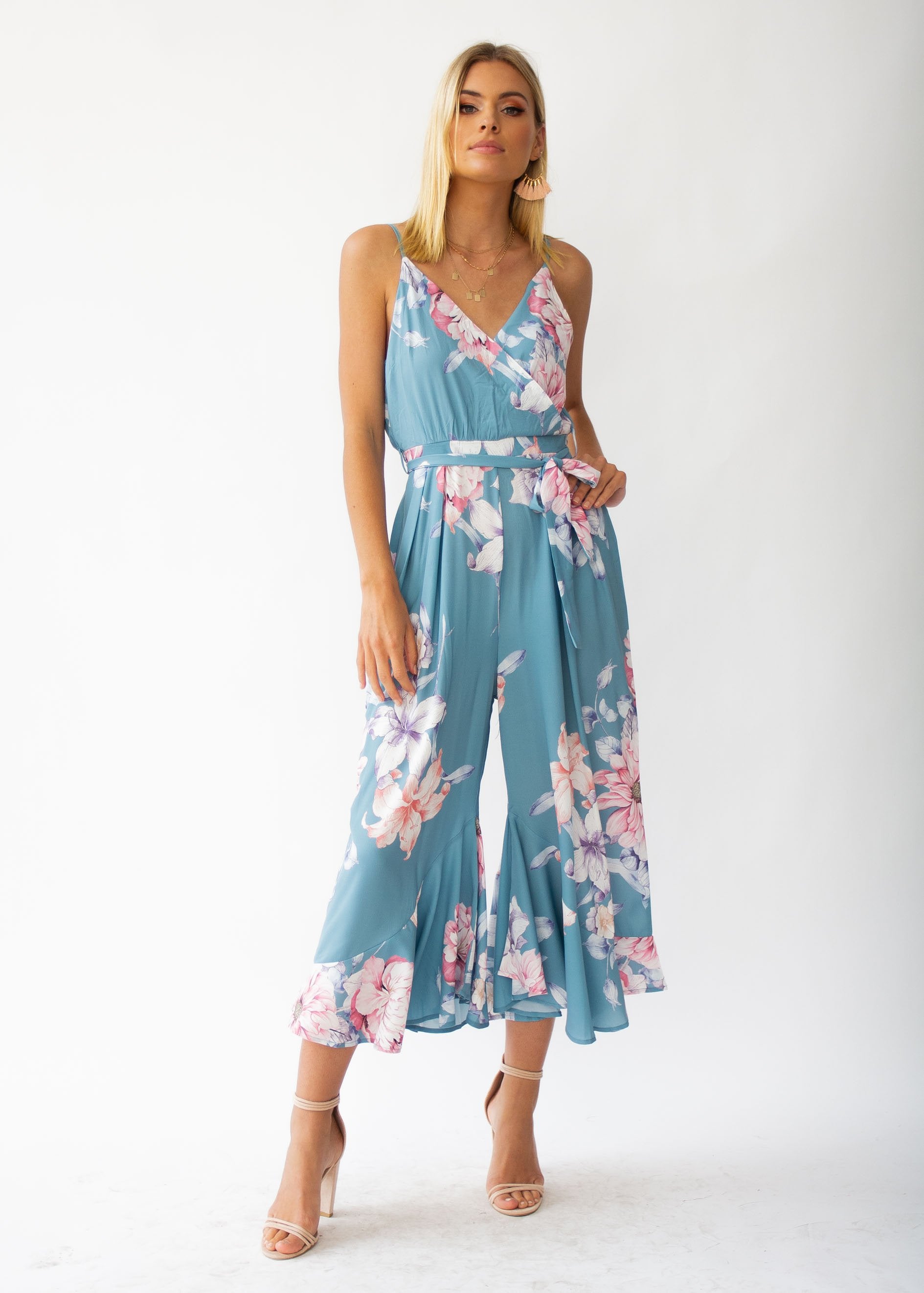 Hidden Hills Pantsuit w/ Tie - Teal Floral