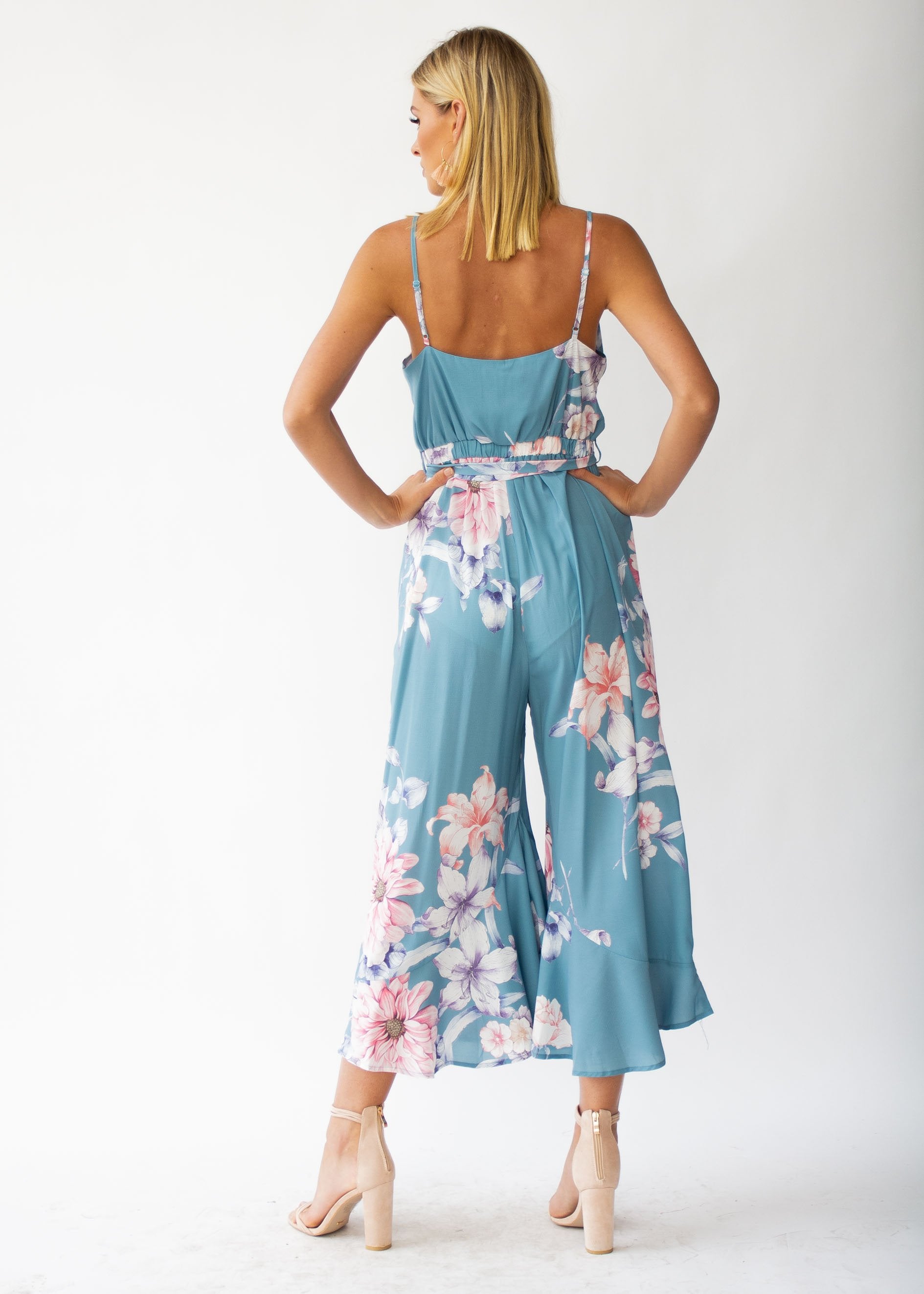 Hidden Hills Pantsuit w/ Tie - Teal Floral