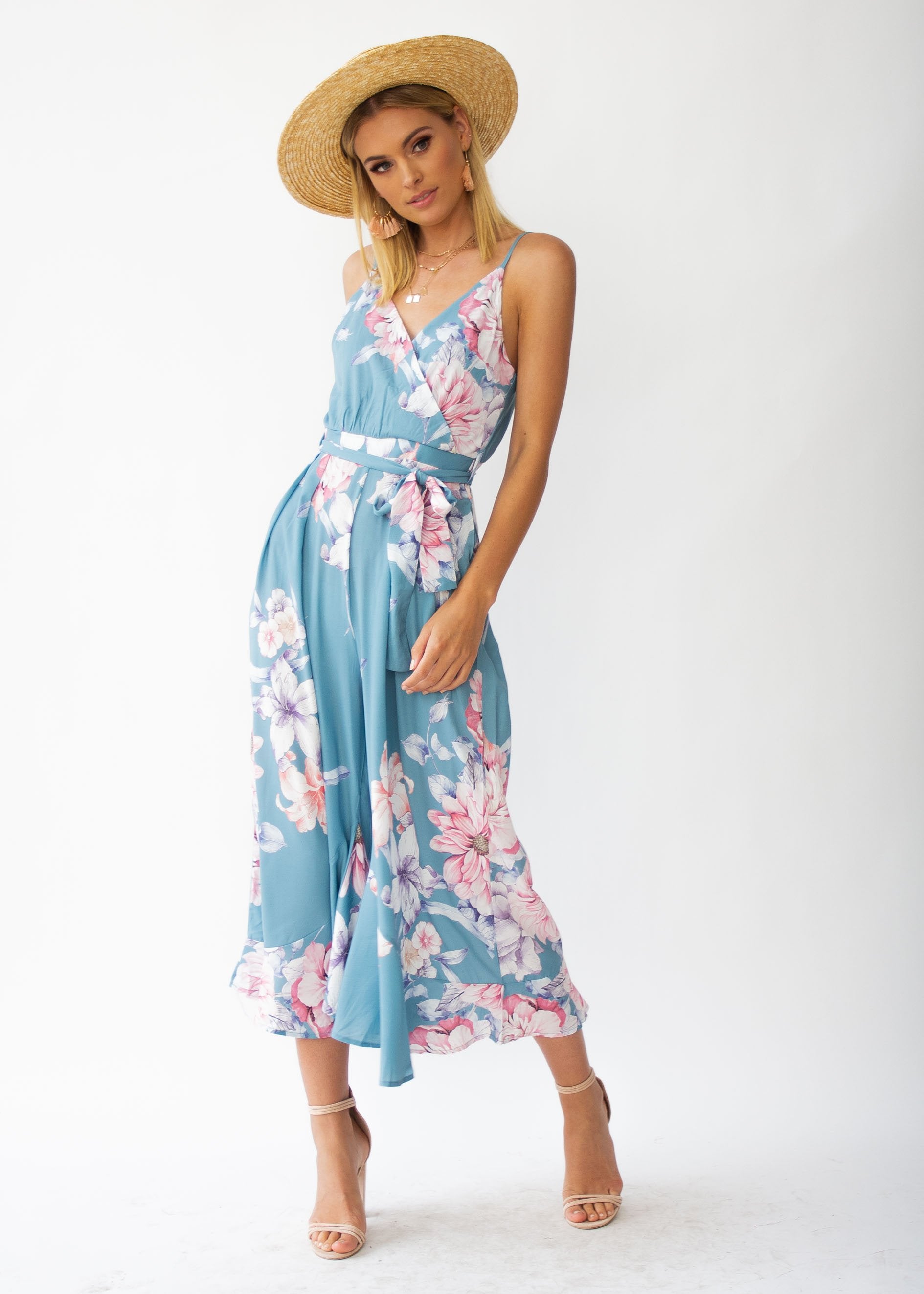 Hidden Hills Pantsuit w/ Tie - Teal Floral