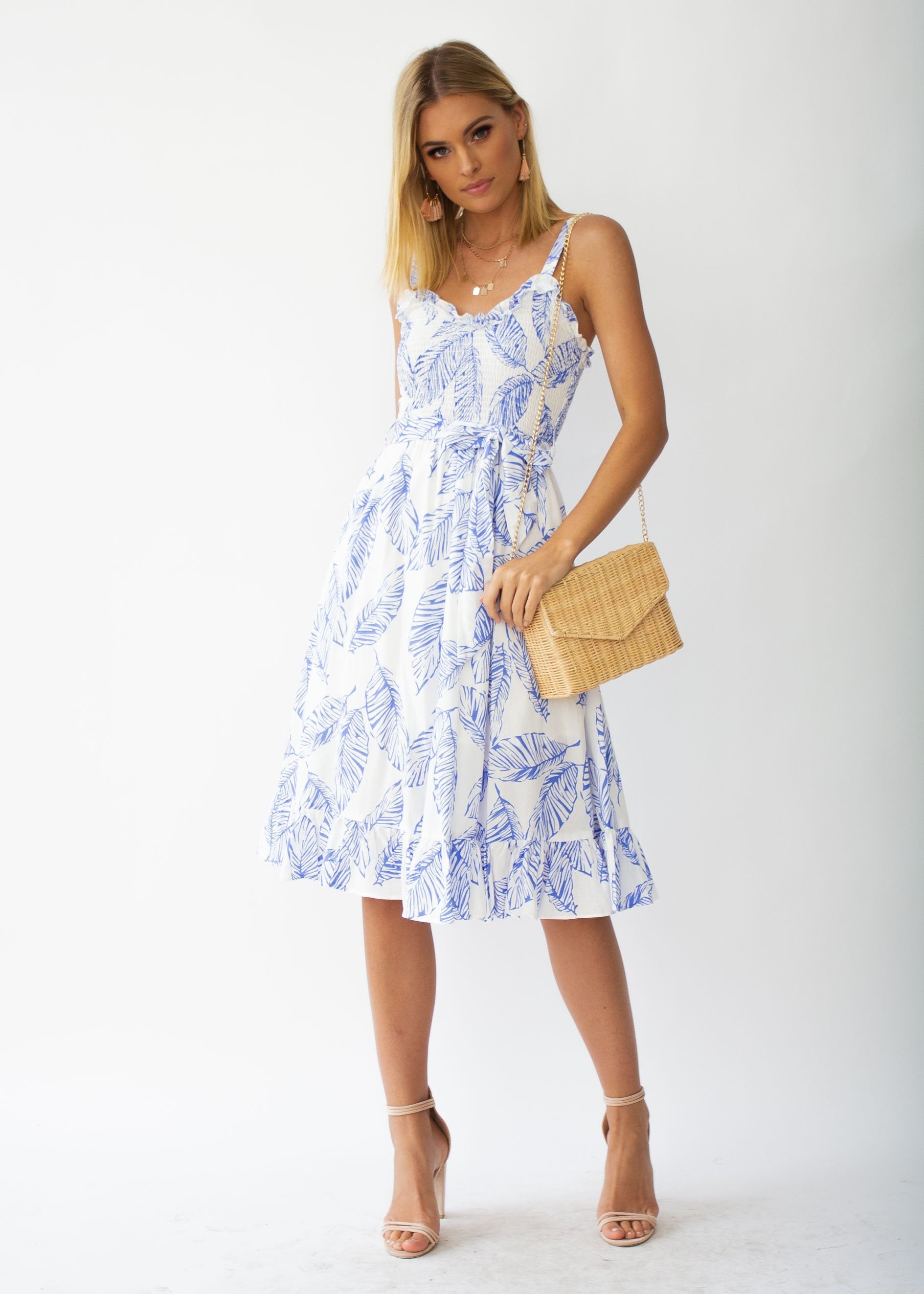 Great Escape Midi Dress w/ Tie - Blue Leaf