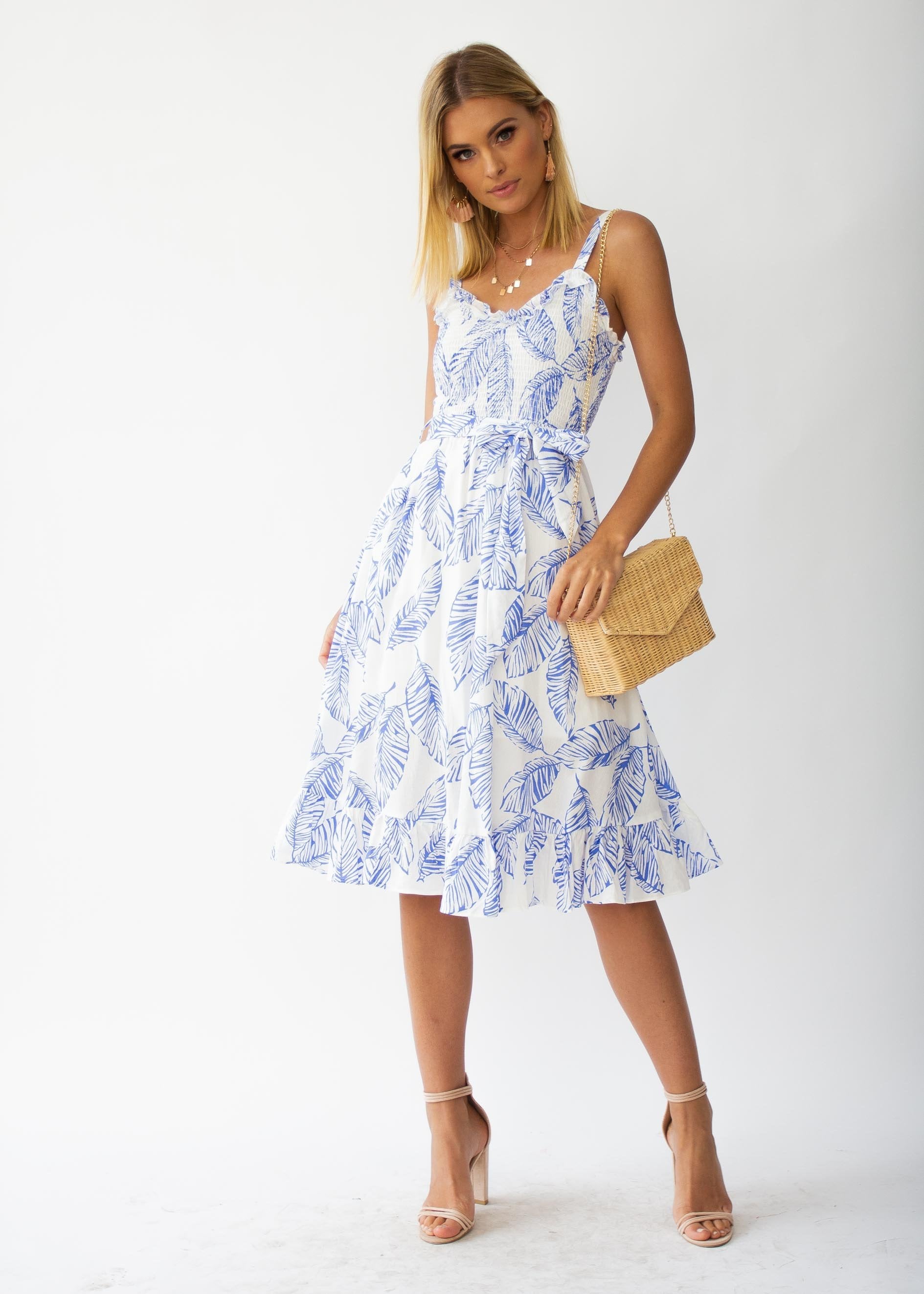 Great Escape Midi Dress w/ Tie - Blue Leaf