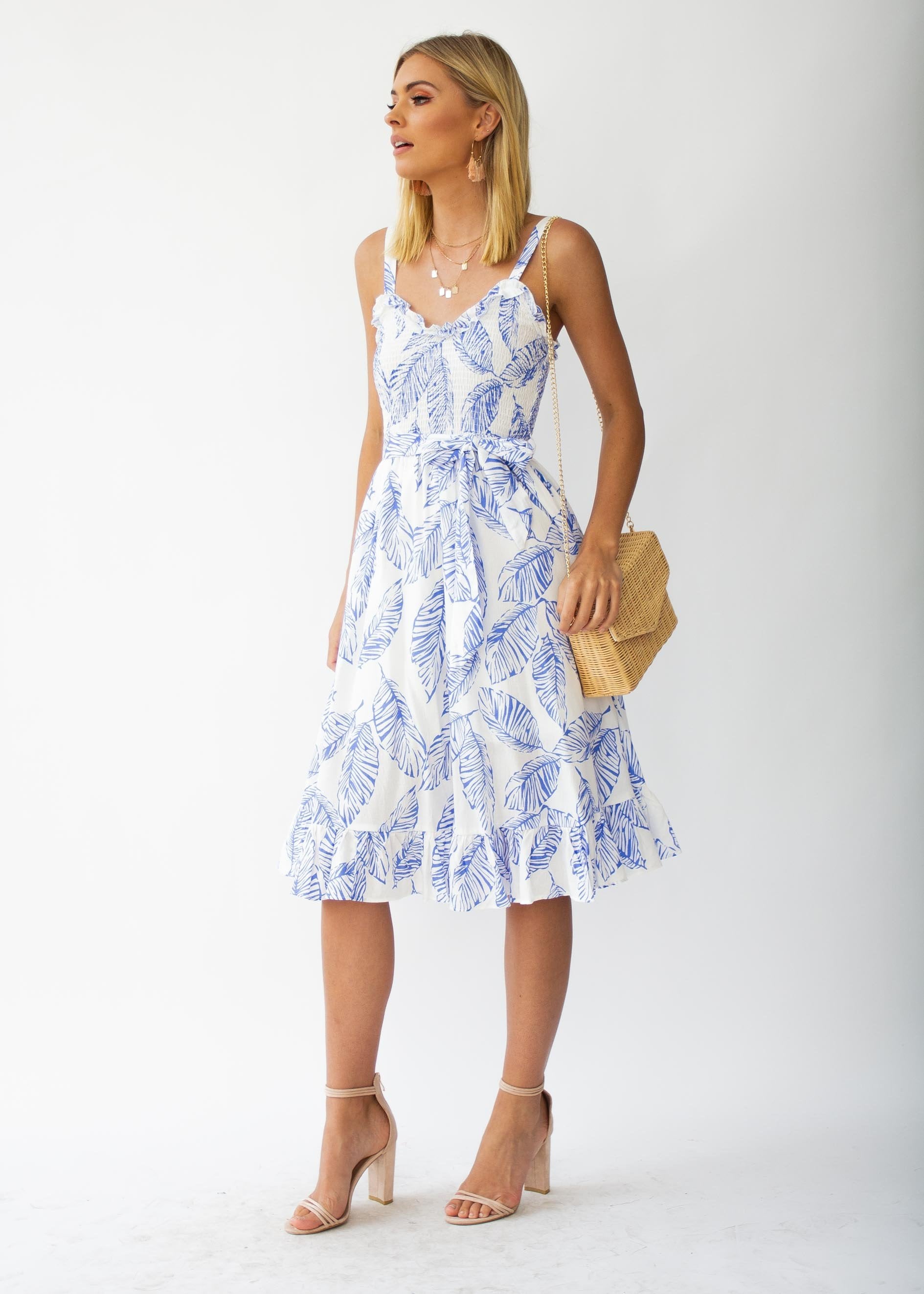 Great Escape Midi Dress w/ Tie - Blue Leaf