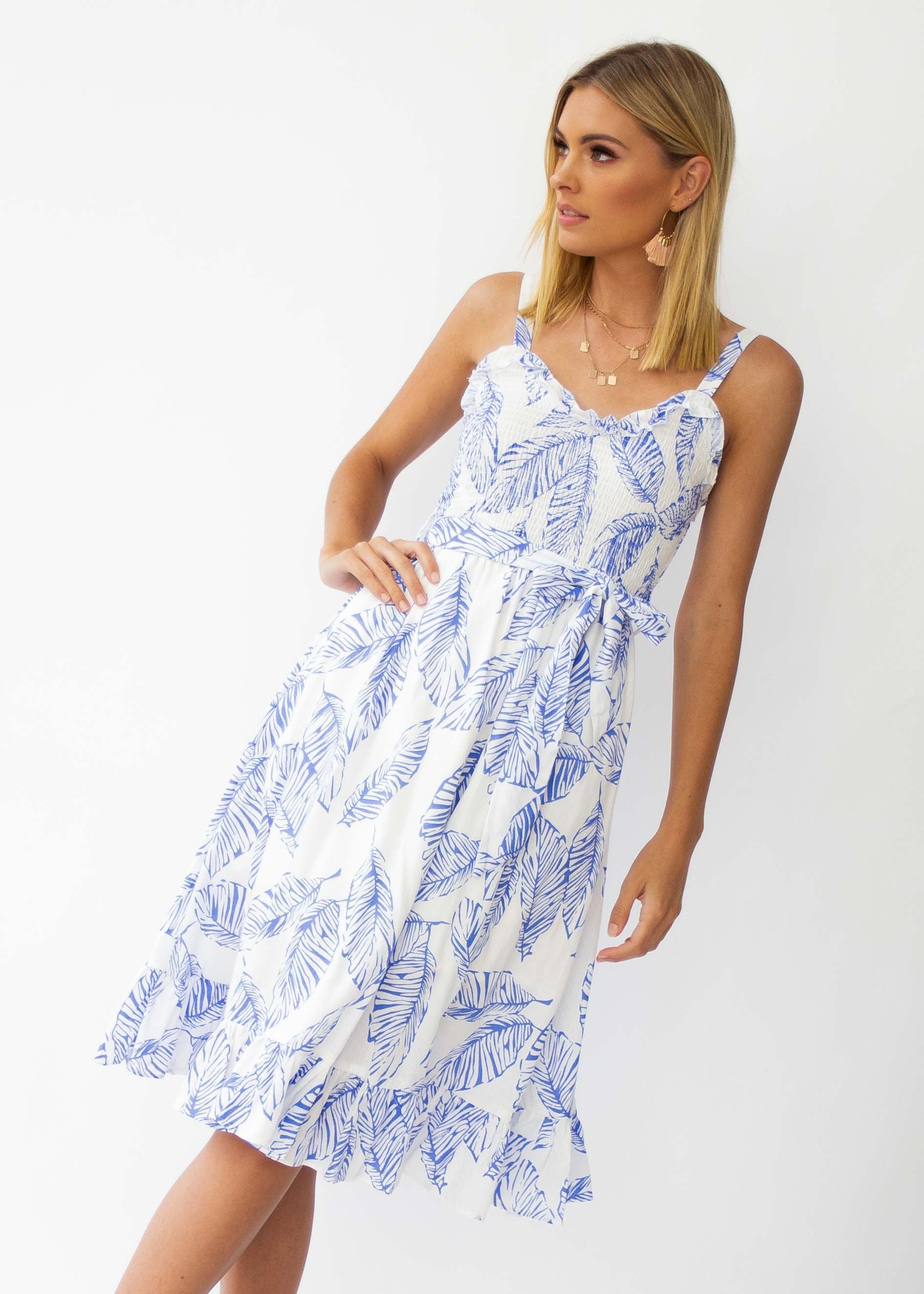 Great Escape Midi Dress w/ Tie - Blue Leaf