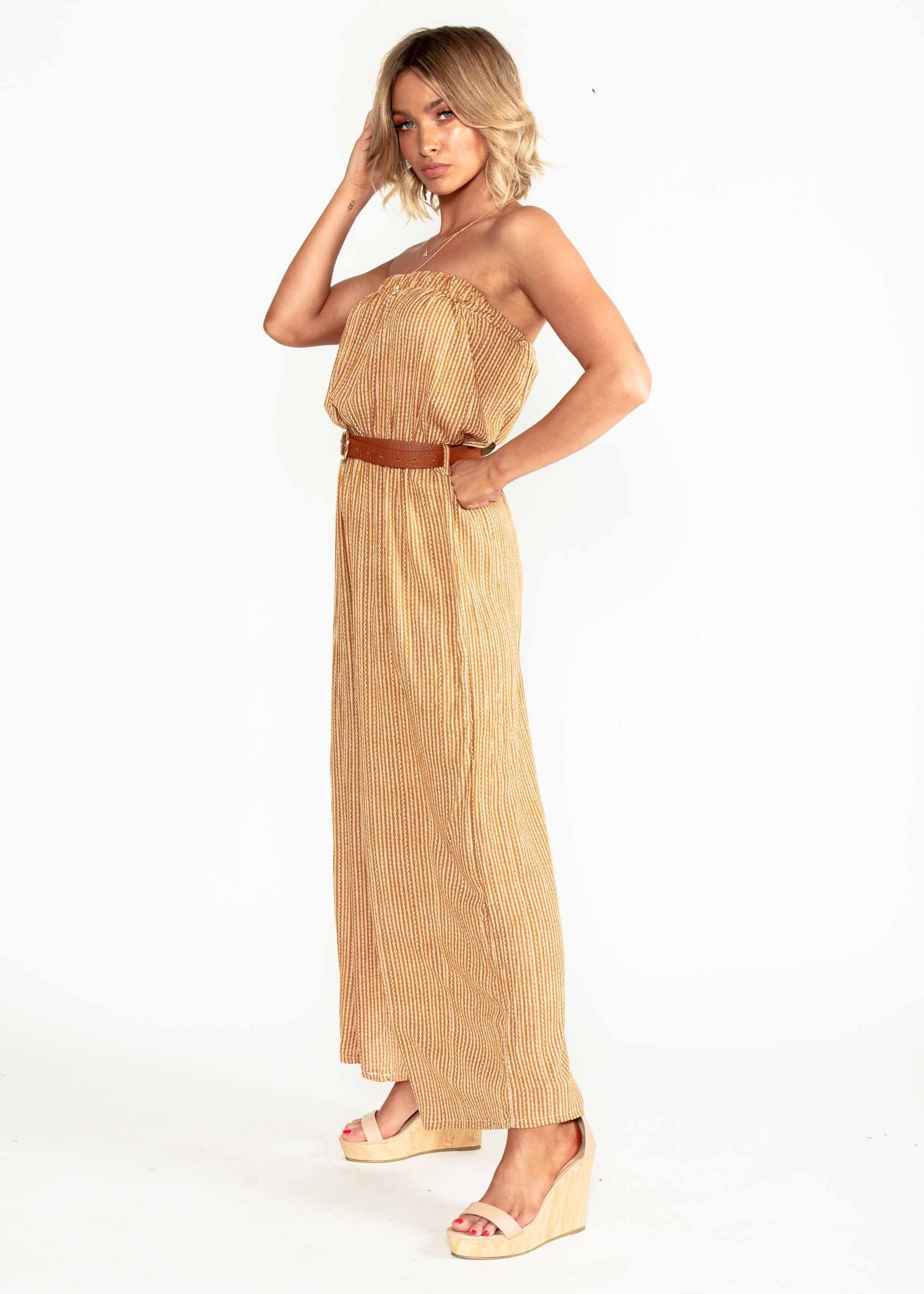 Dream Big Strapless Pantsuit w/ Tie - Mustard Print