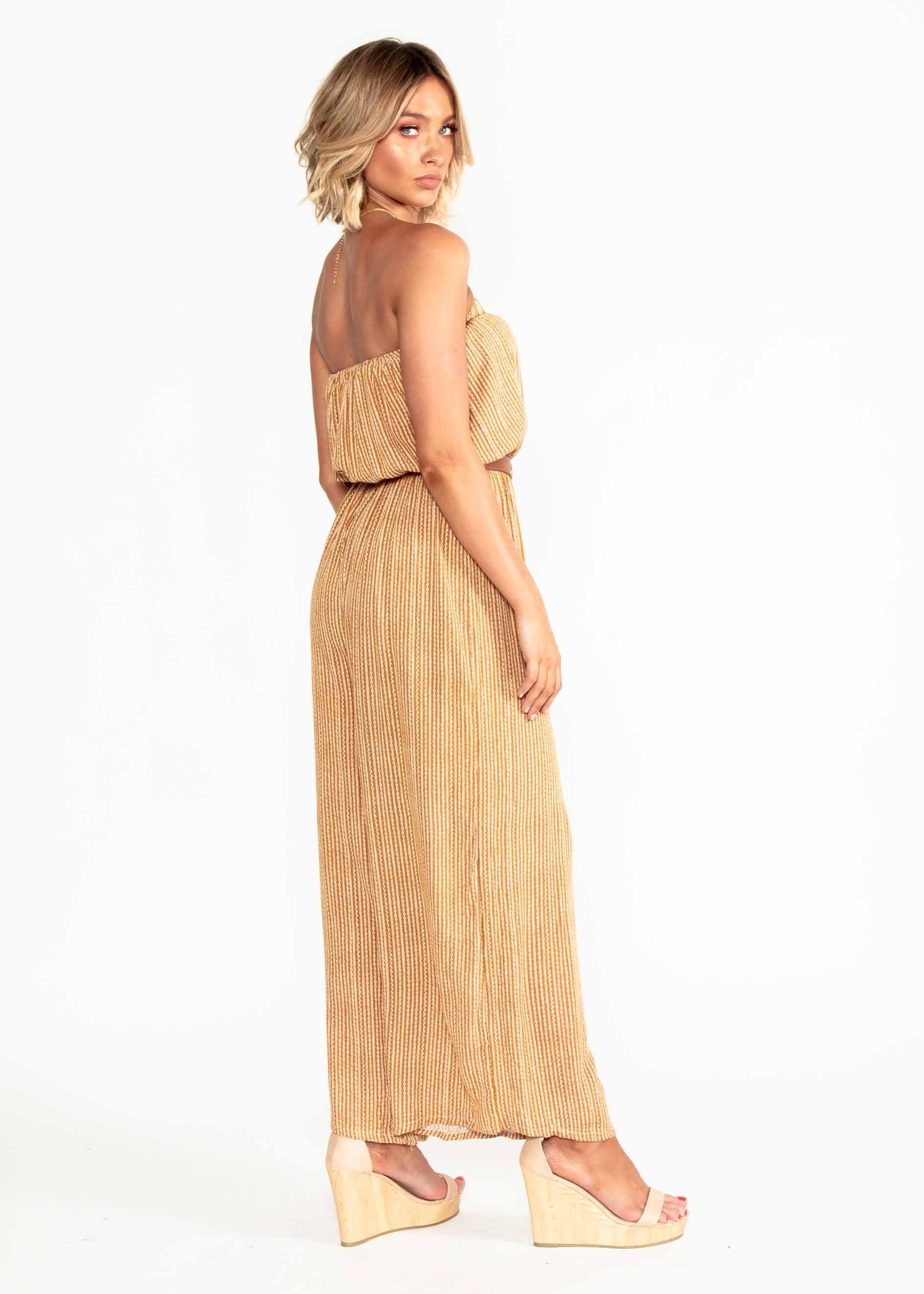 Dream Big Strapless Pantsuit w/ Tie - Mustard Print