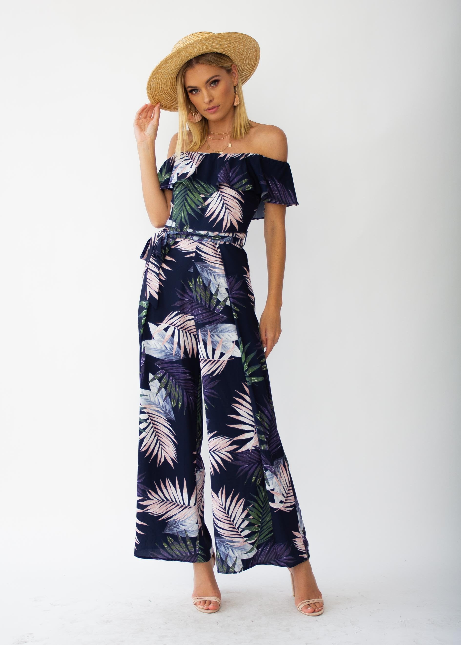 Helene Off-Shoulder Pantsuit - Navy Palm
