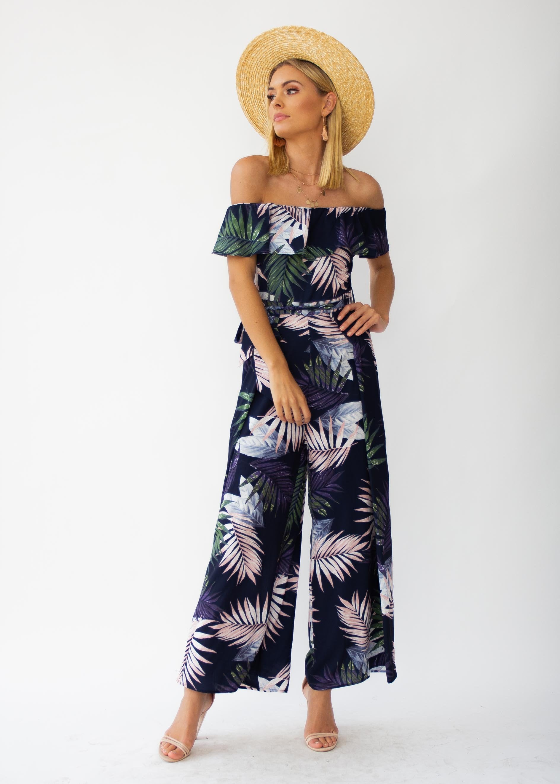 Helene Off-Shoulder Pantsuit - Navy Palm