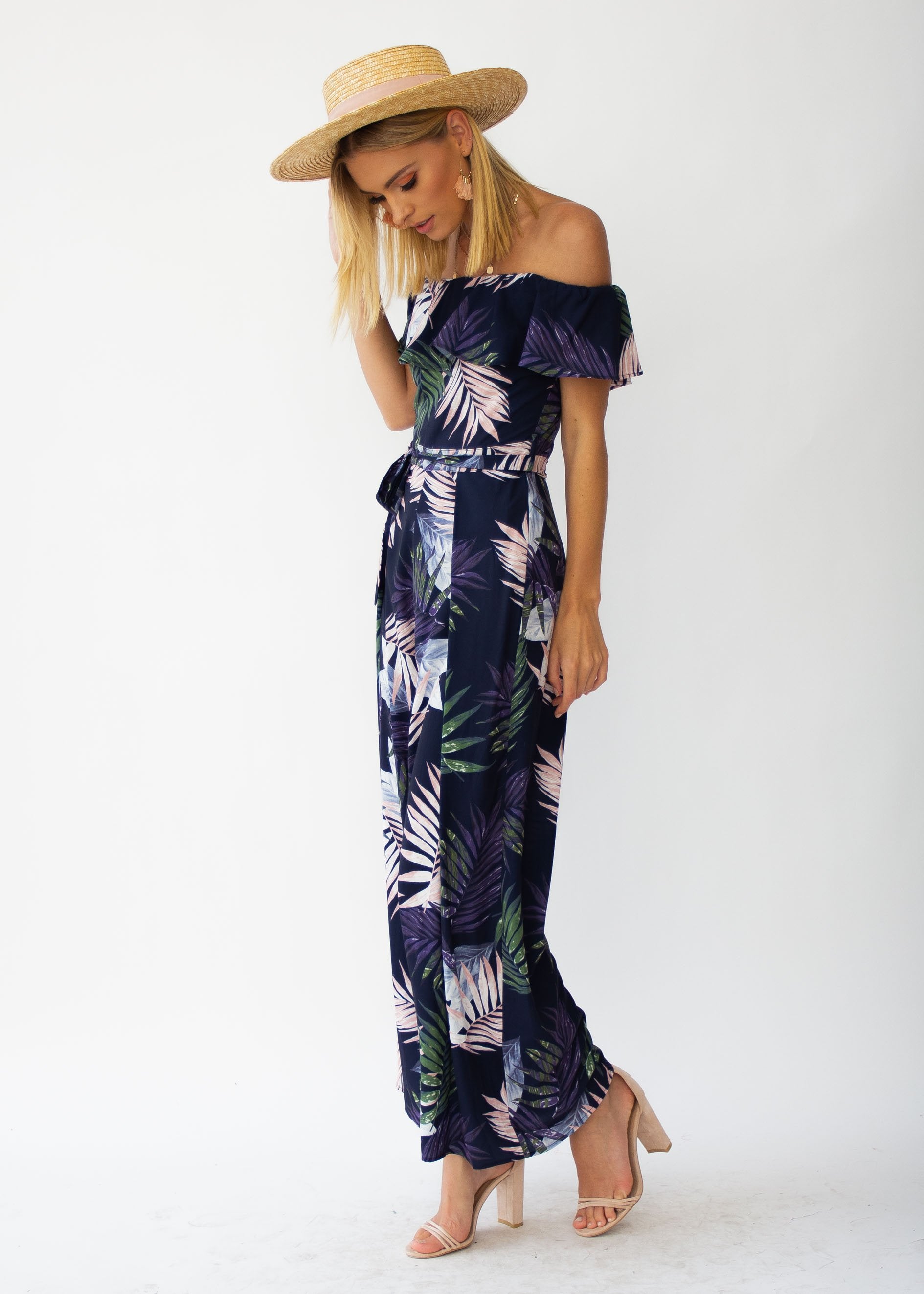Helene Off-Shoulder Pantsuit - Navy Palm