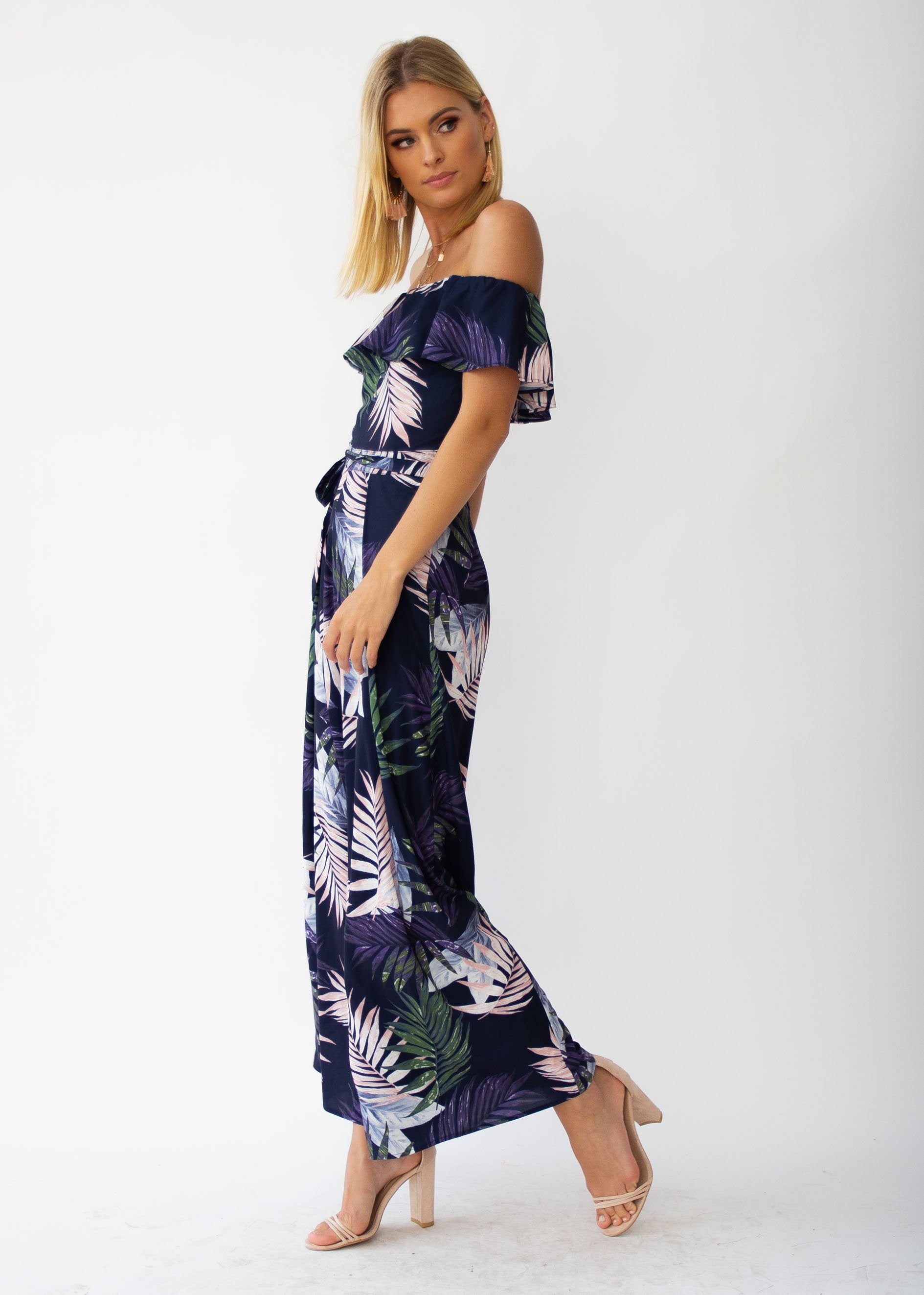 Helene Off-Shoulder Pantsuit - Navy Palm