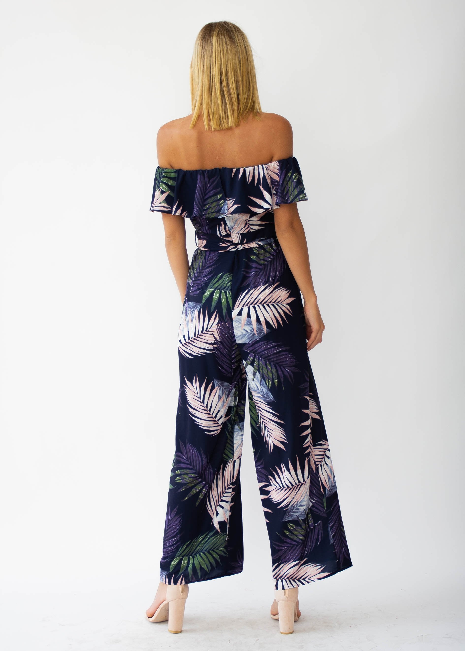 Helene Off-Shoulder Pantsuit - Navy Palm