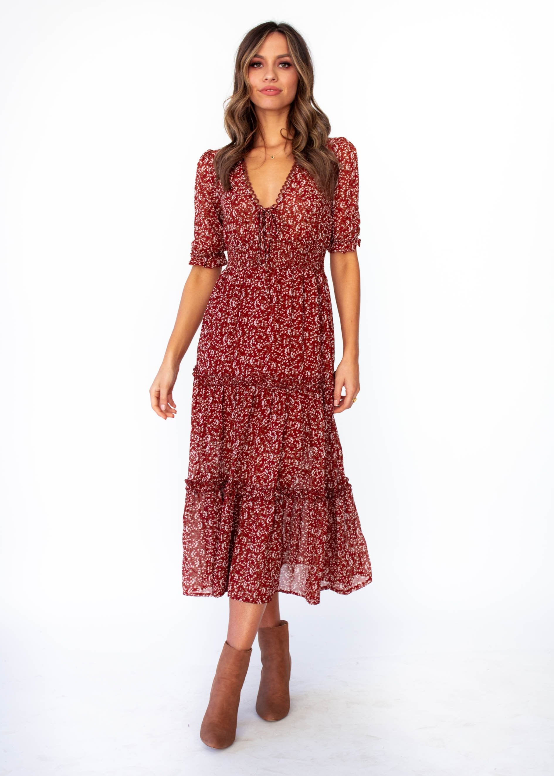 Caught In The Flames Midi Dress - Maroon Floral