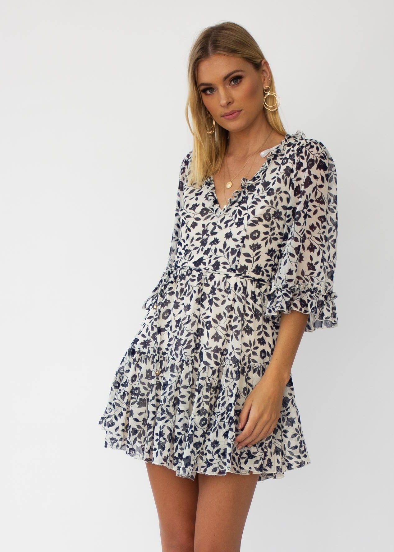 Xena Dress w/ Tie - Navy Floral