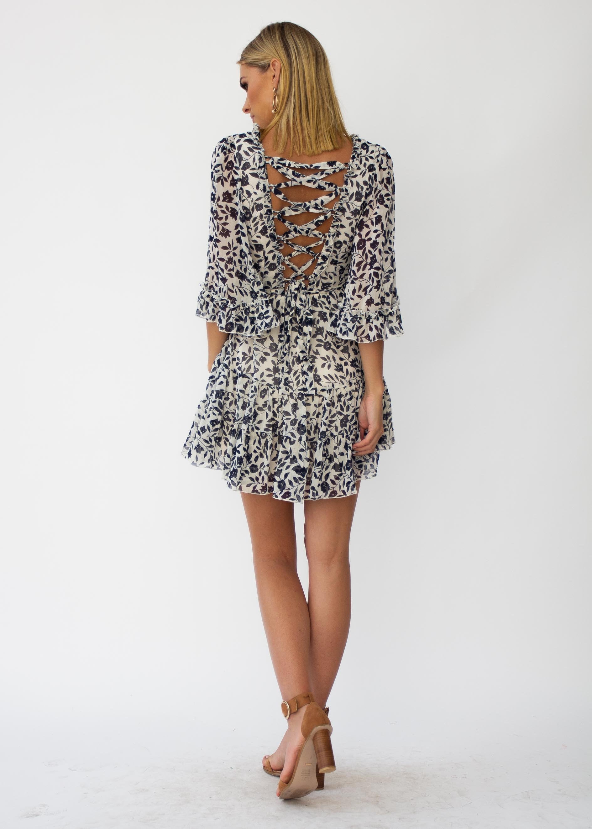 Xena Dress w/ Tie - Navy Floral