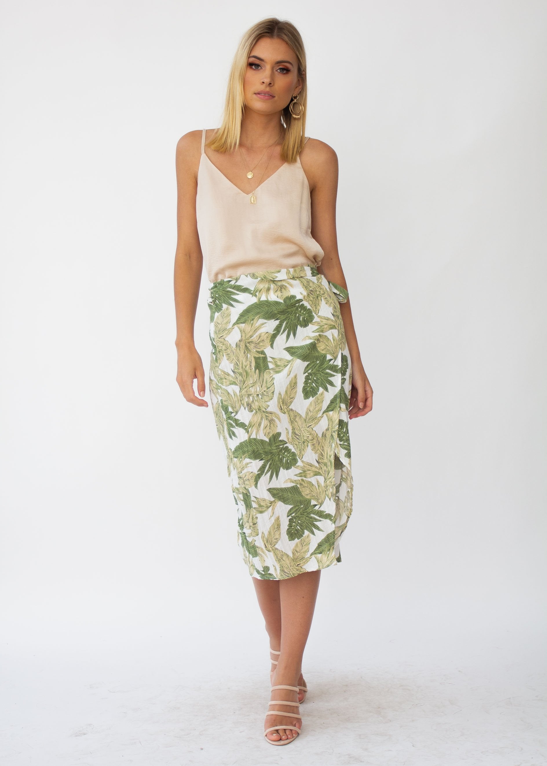 Look To You Linen Wrap Midi Skirt - Palm