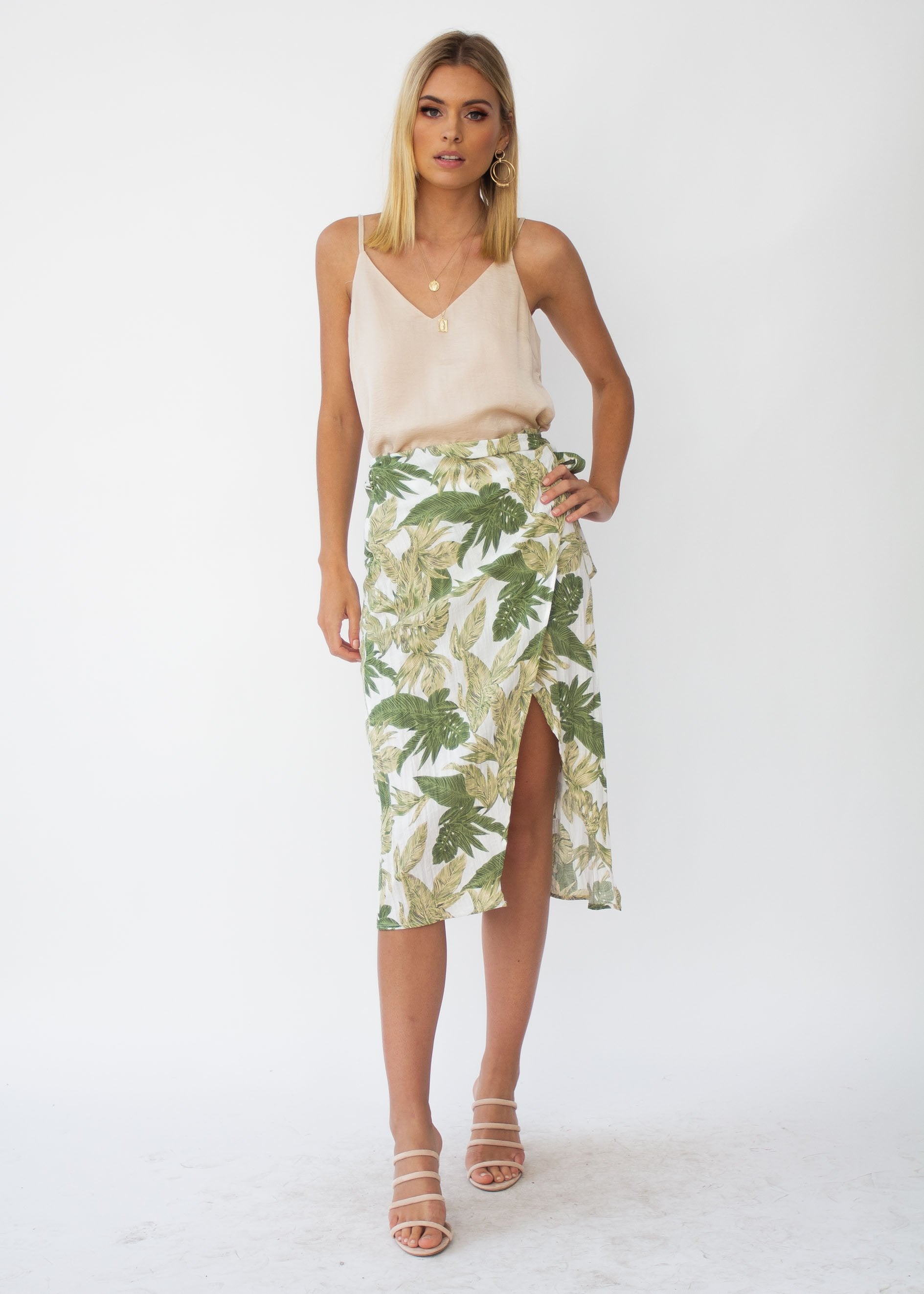 Look To You Linen Wrap Midi Skirt - Palm