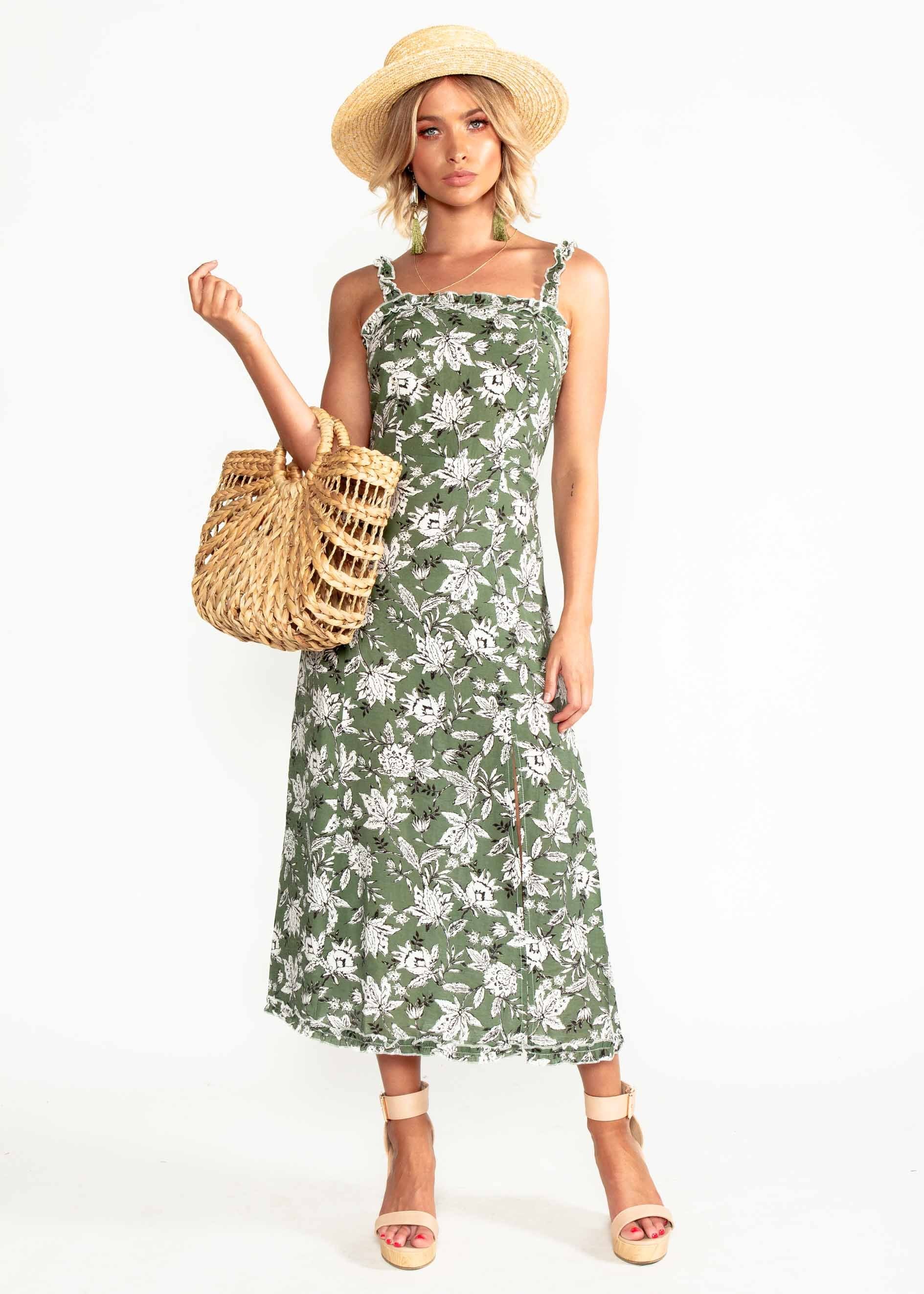 Wildest Dreams Midi Dress - Khaki Floral