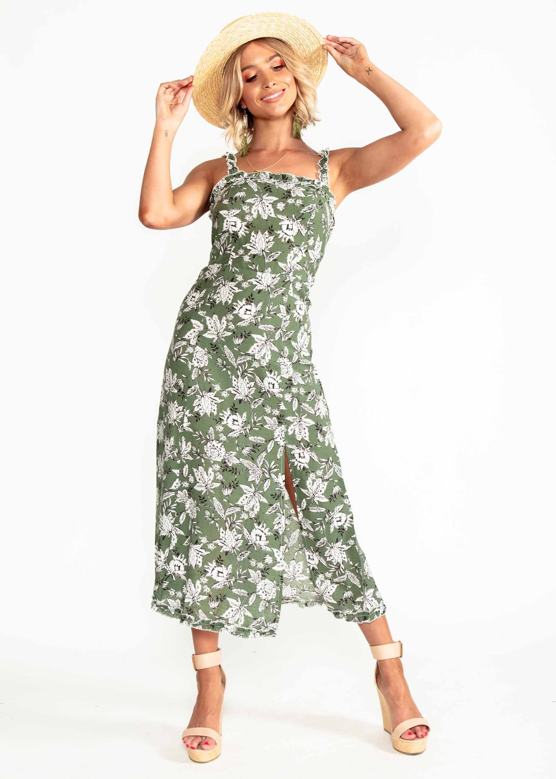 Wildest Dreams Midi Dress - Khaki Floral