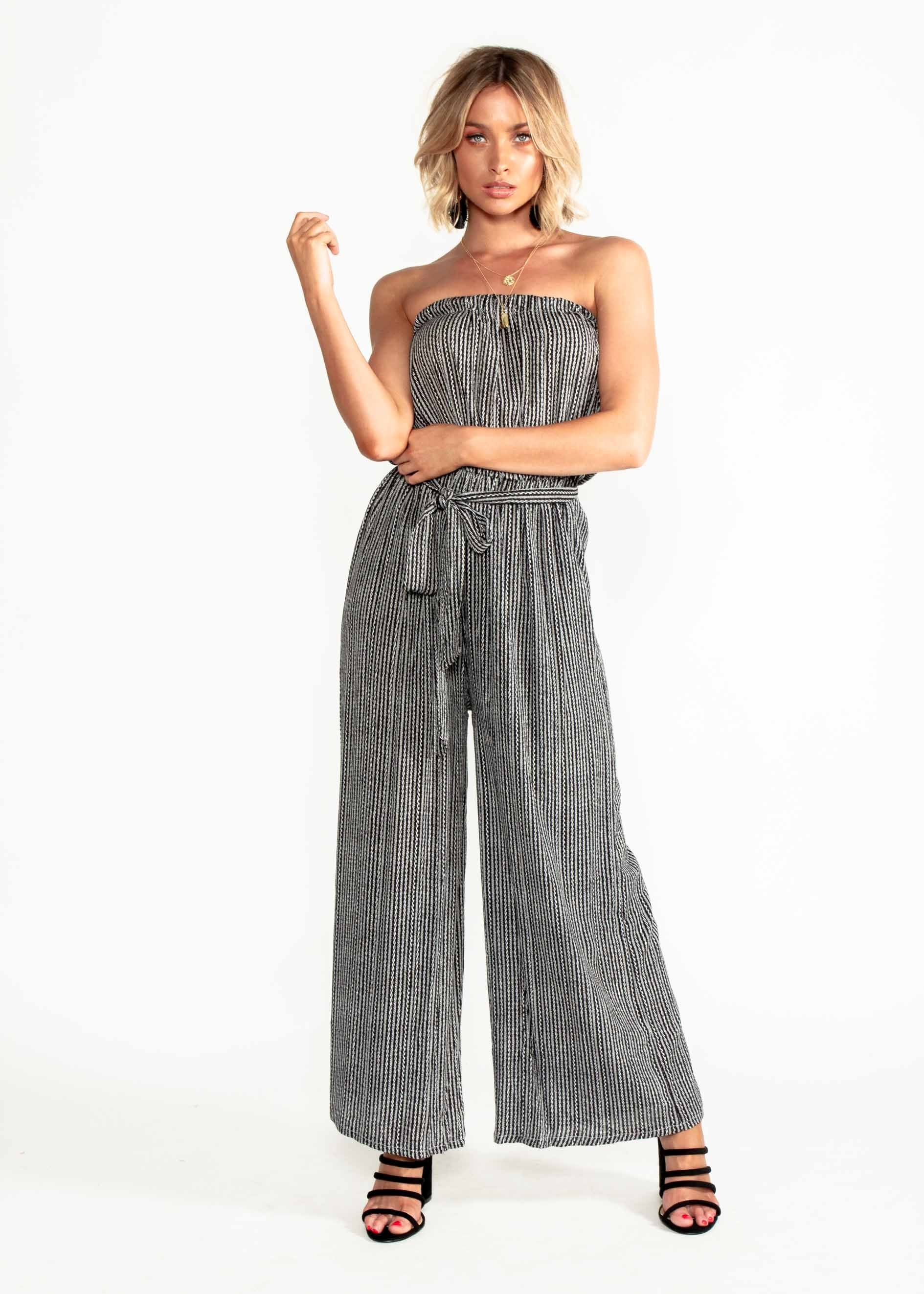 Dream Big Strapless Pantsuit w/ Tie - Black Print