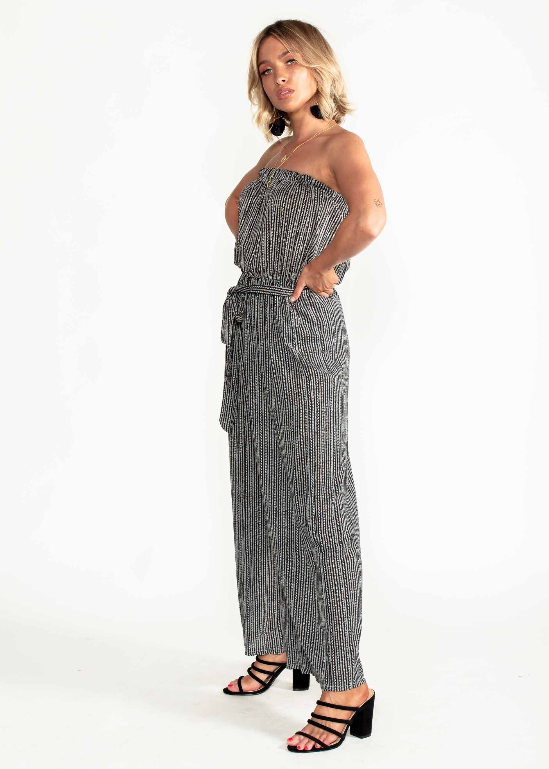 Dream Big Strapless Pantsuit w/ Tie - Black Print