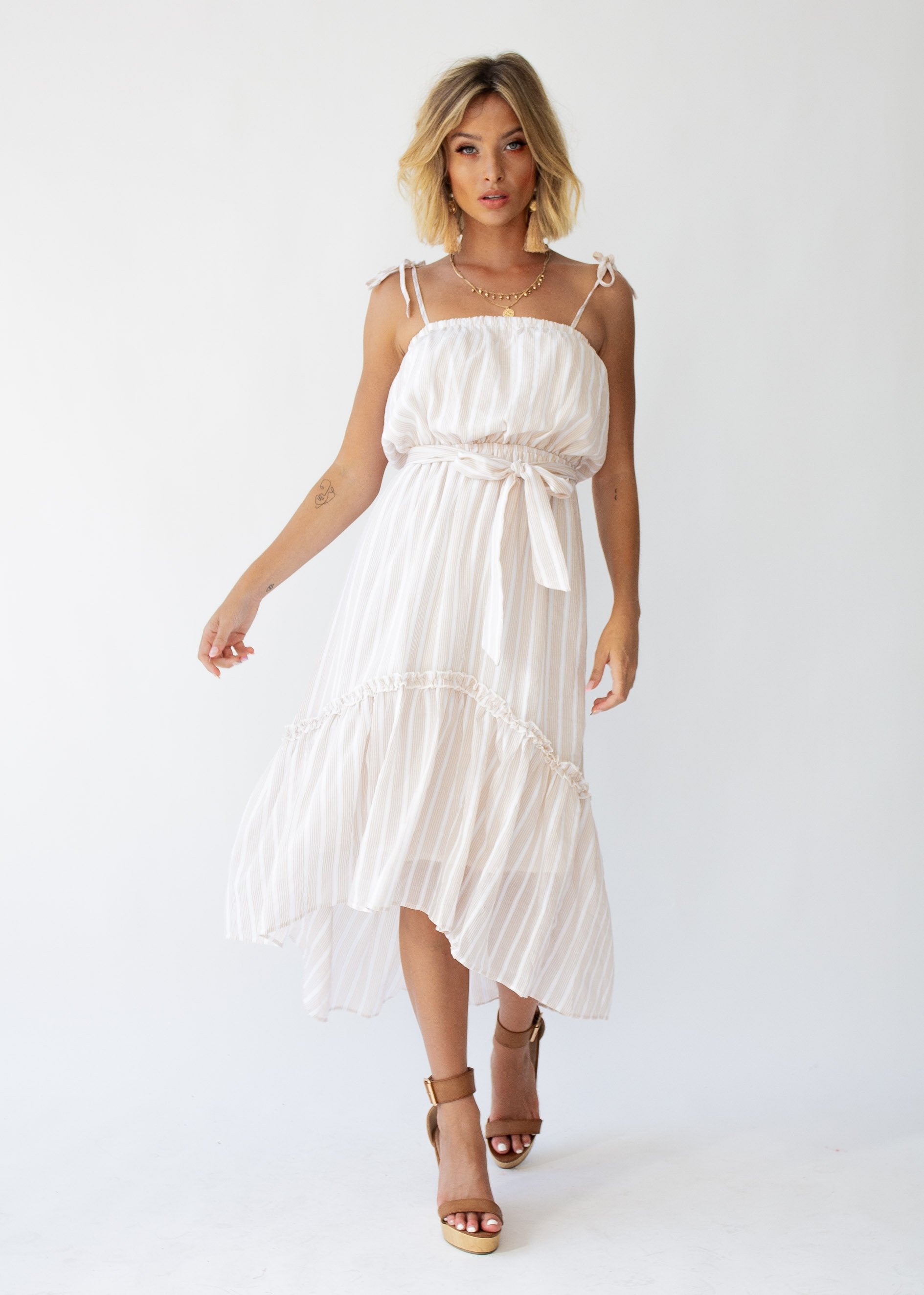 Frankie Hi-Lo Midi Dress - Beige Stripe