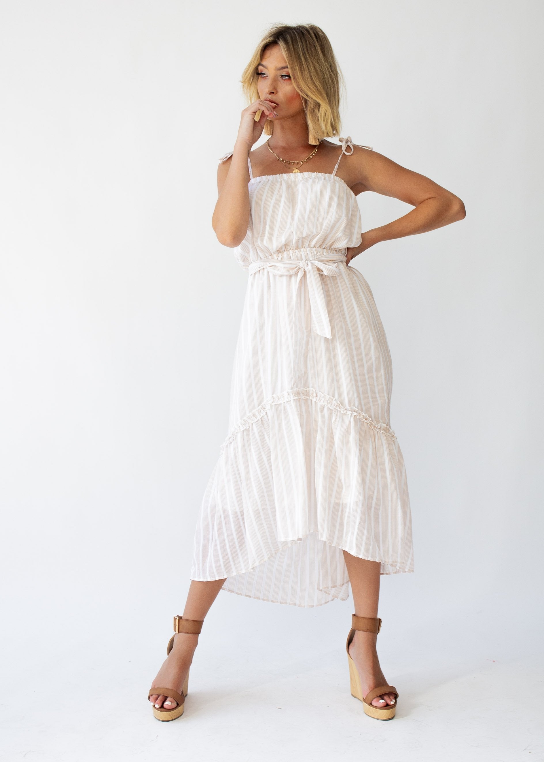 Frankie Hi-Lo Midi Dress - Beige Stripe