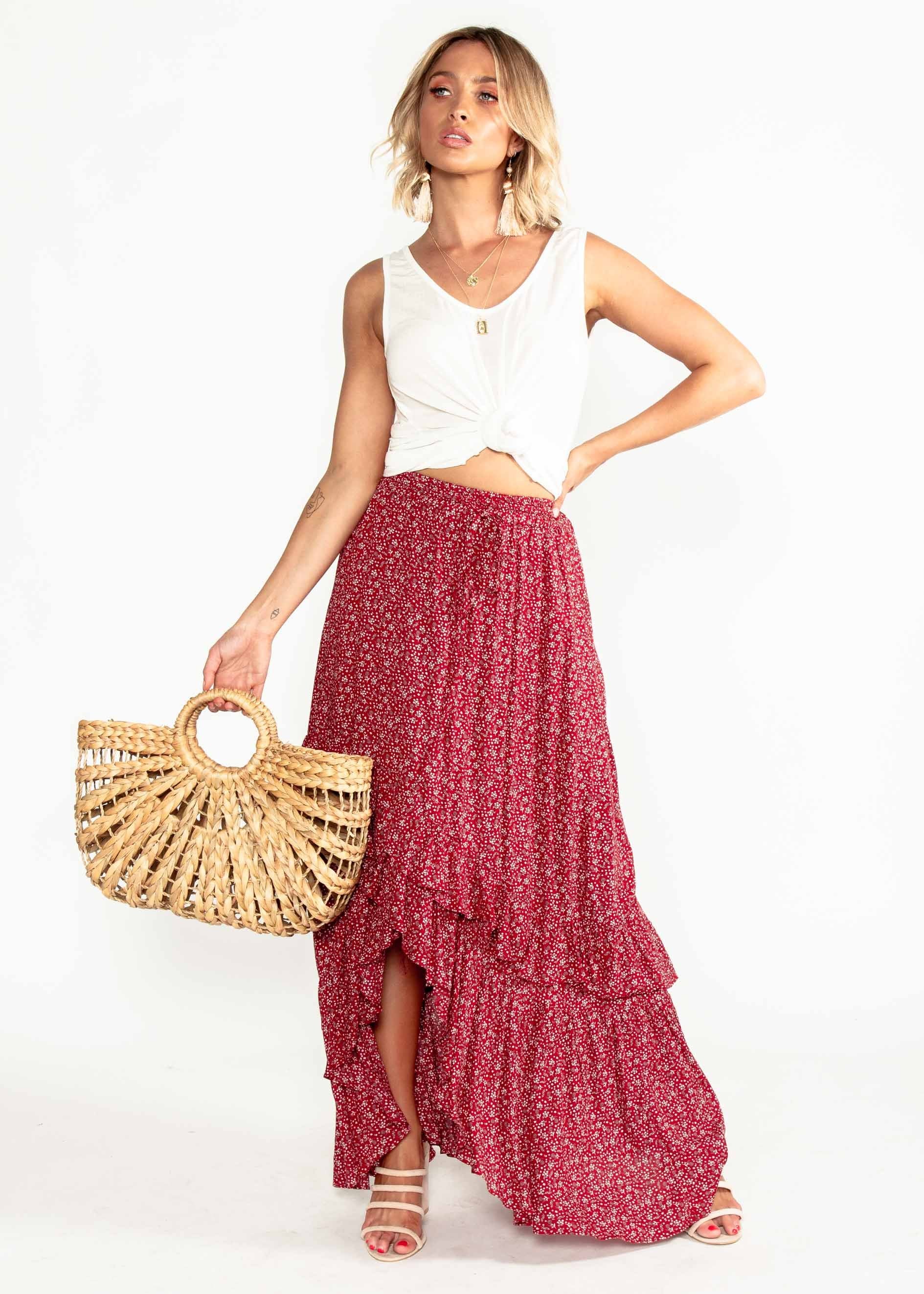 Boundless Blooms Maxi Hi-Lo Skirt - Red Floral