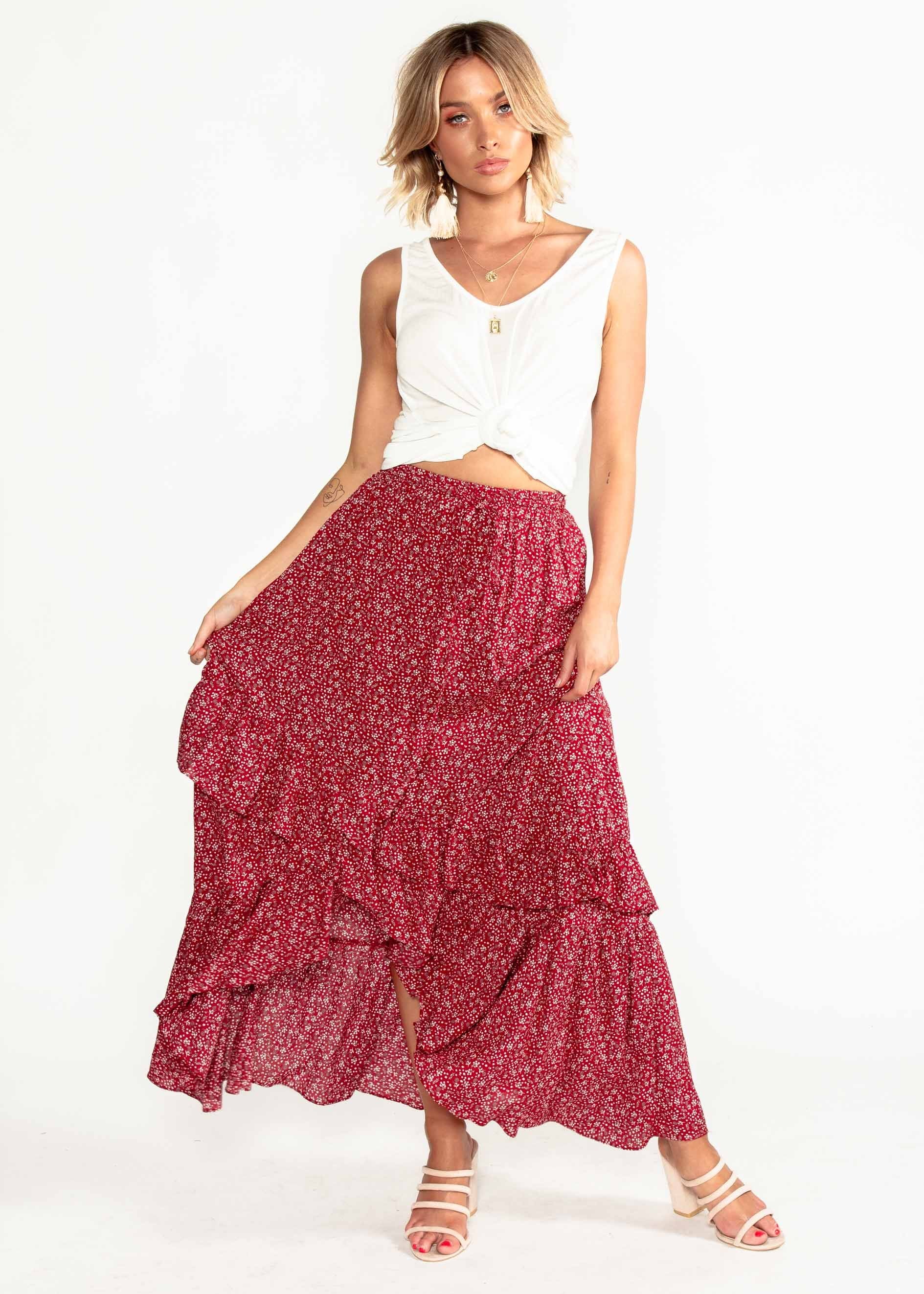 Boundless Blooms Maxi Hi-Lo Skirt - Red Floral