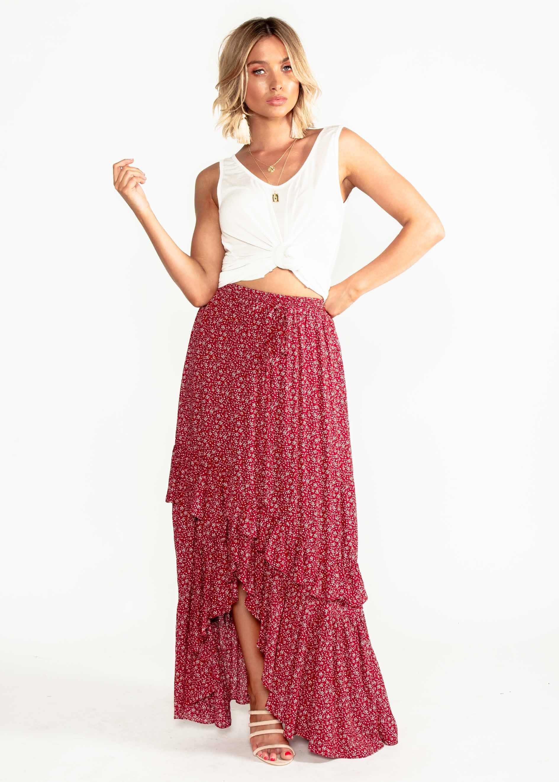 Boundless Blooms Maxi Hi-Lo Skirt - Red Floral