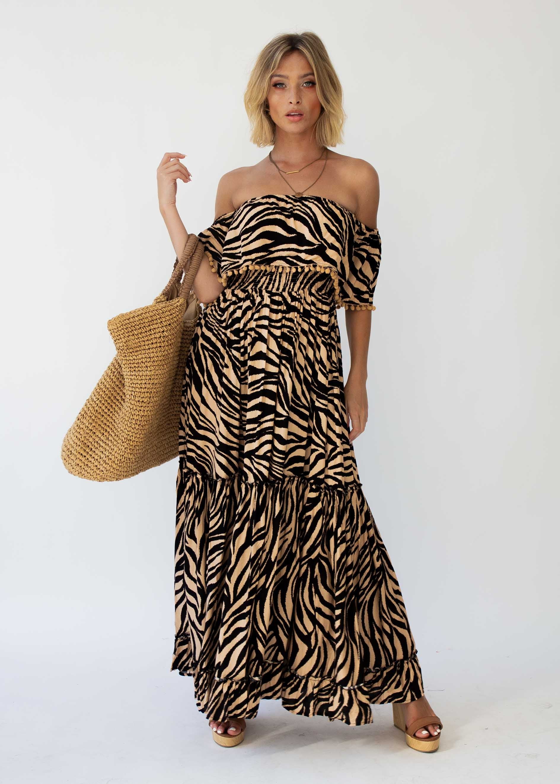 Talulah Off Shoulder Maxi Dress - Tan Zebra