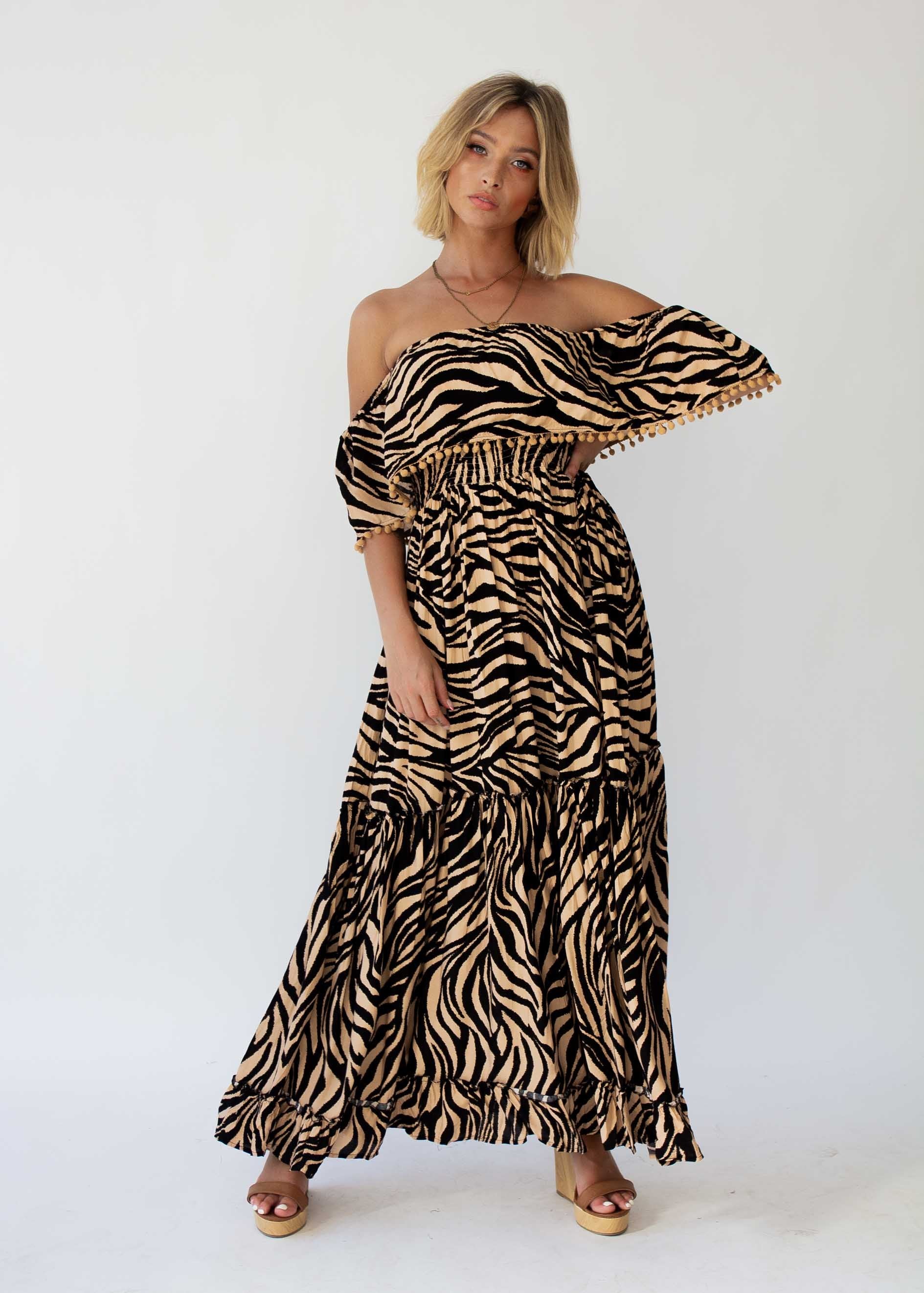 Talulah Off Shoulder Maxi Dress - Tan Zebra