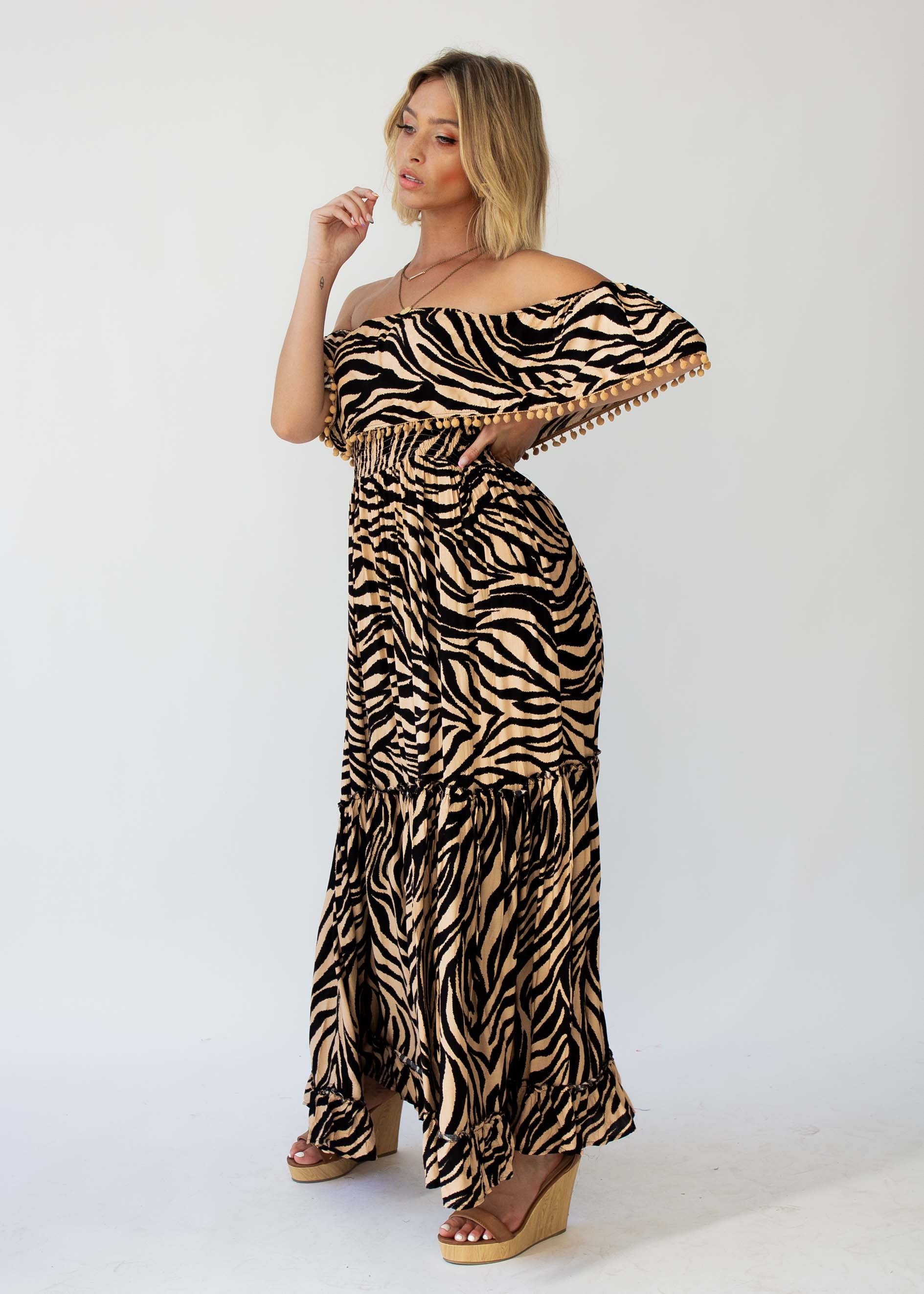 Talulah Off Shoulder Maxi Dress - Tan Zebra