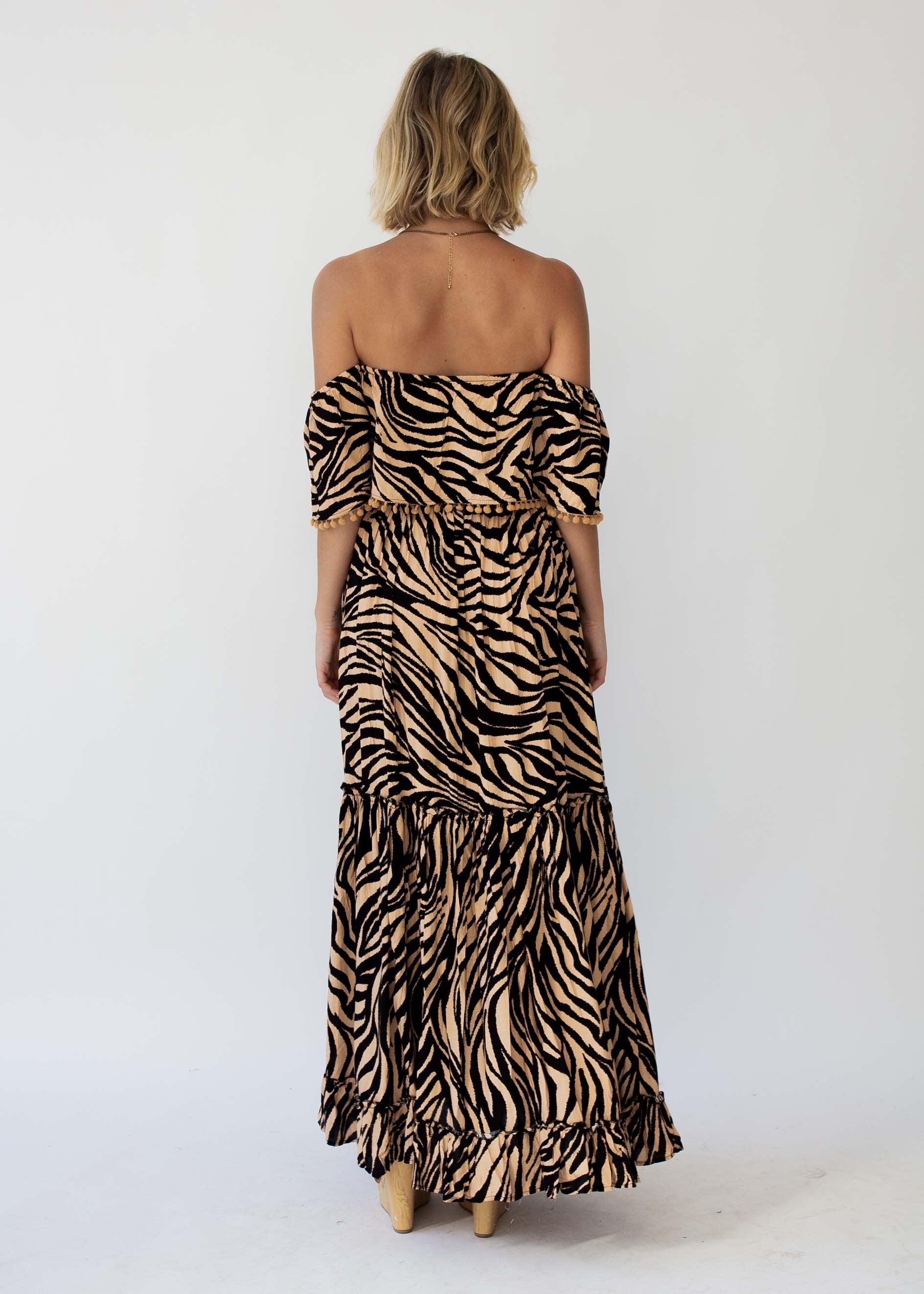 Talulah Off Shoulder Maxi Dress - Tan Zebra