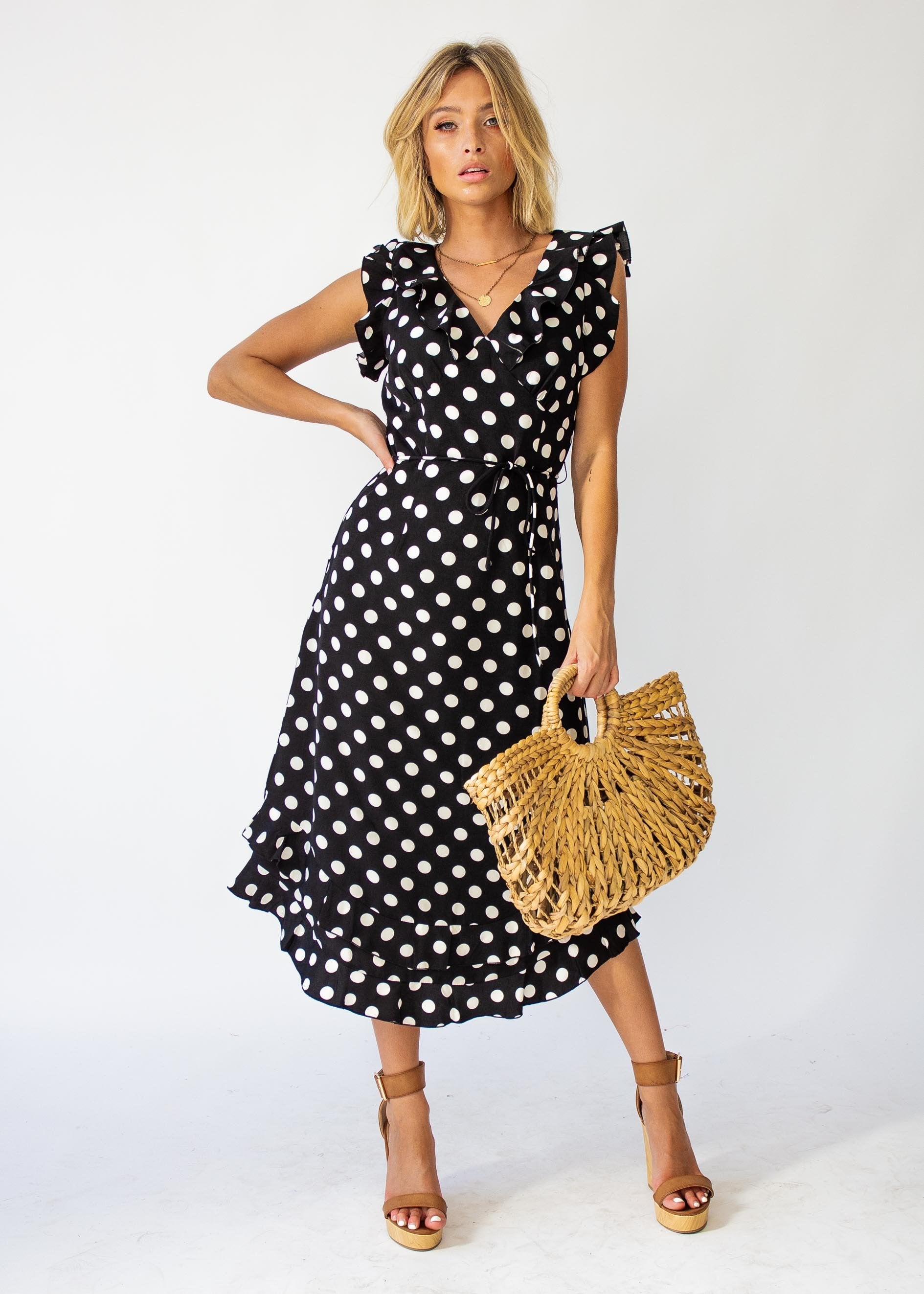 One Last Time Midi Dress - Black Polka