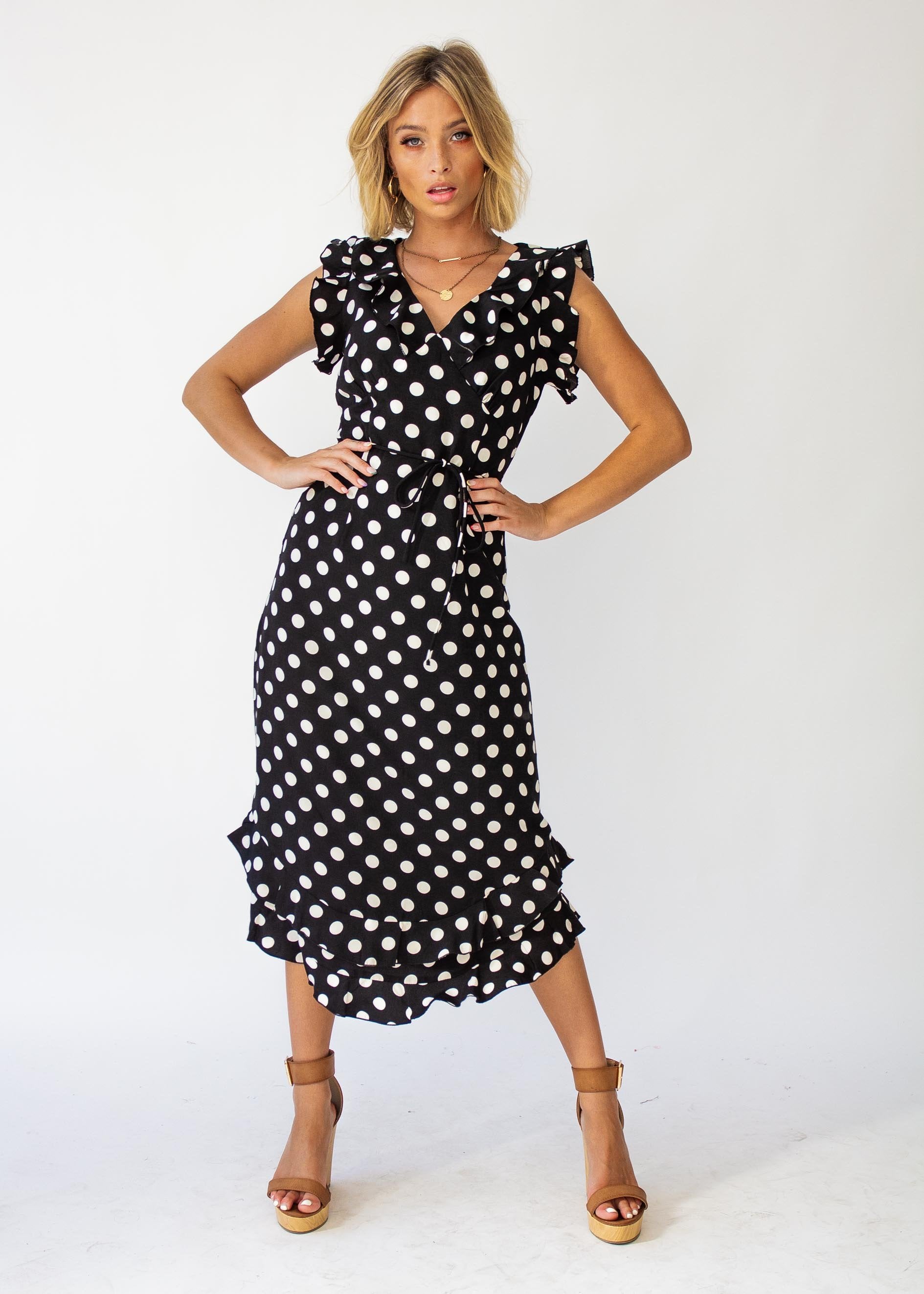 One Last Time Midi Dress - Black Polka