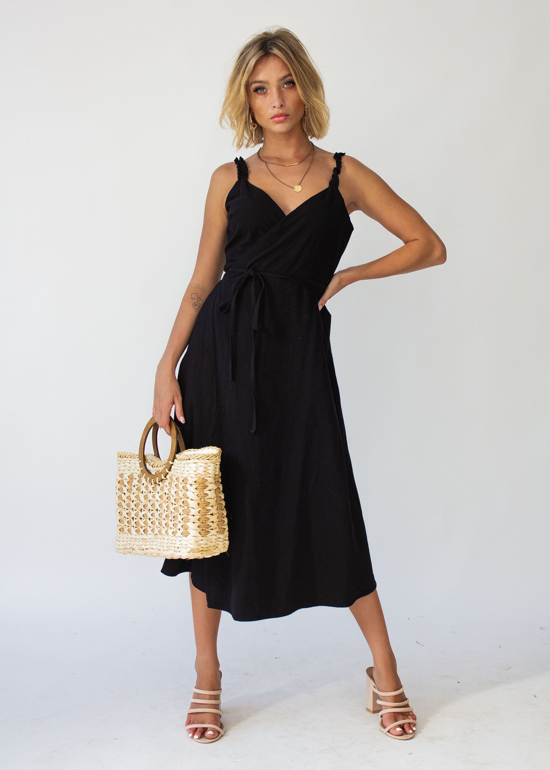 Salt Breeze Wrap Midi Dress - Black