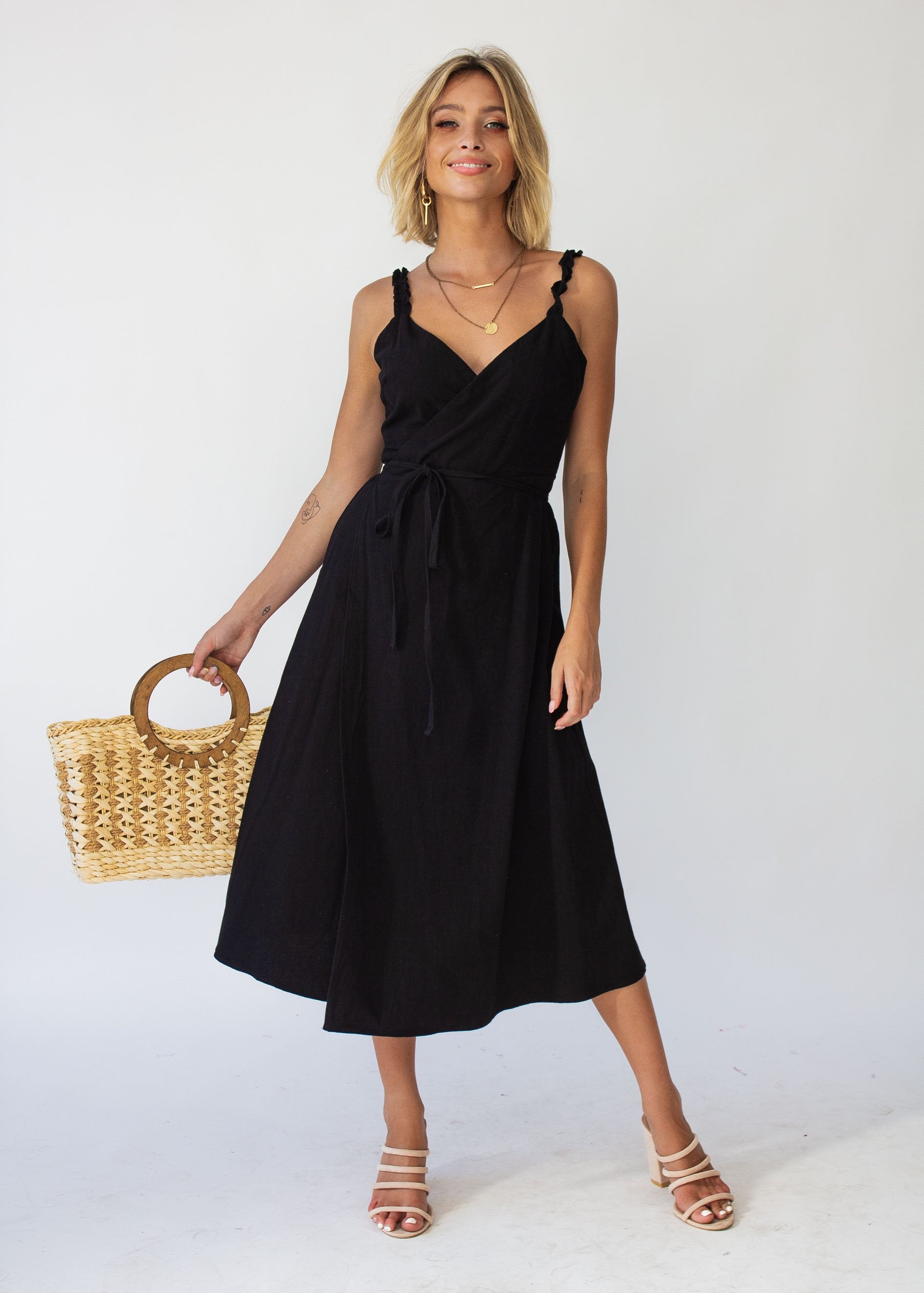 Salt Breeze Wrap Midi Dress - Black