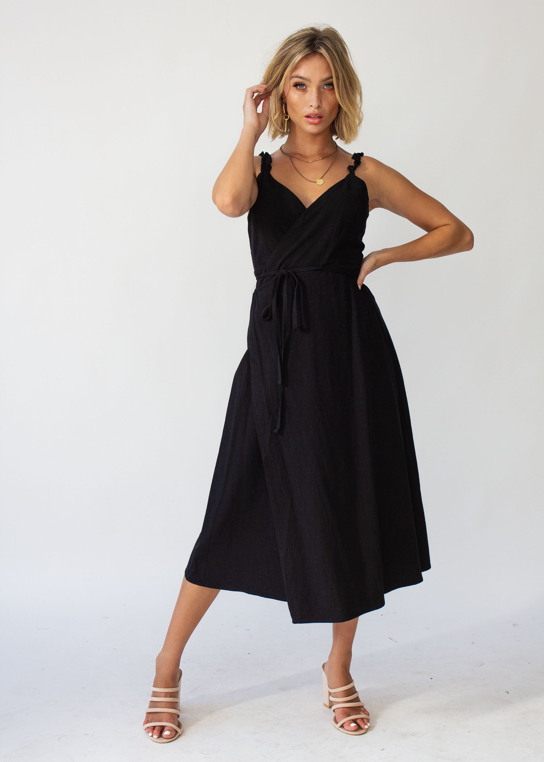 Salt Breeze Wrap Midi Dress - Black