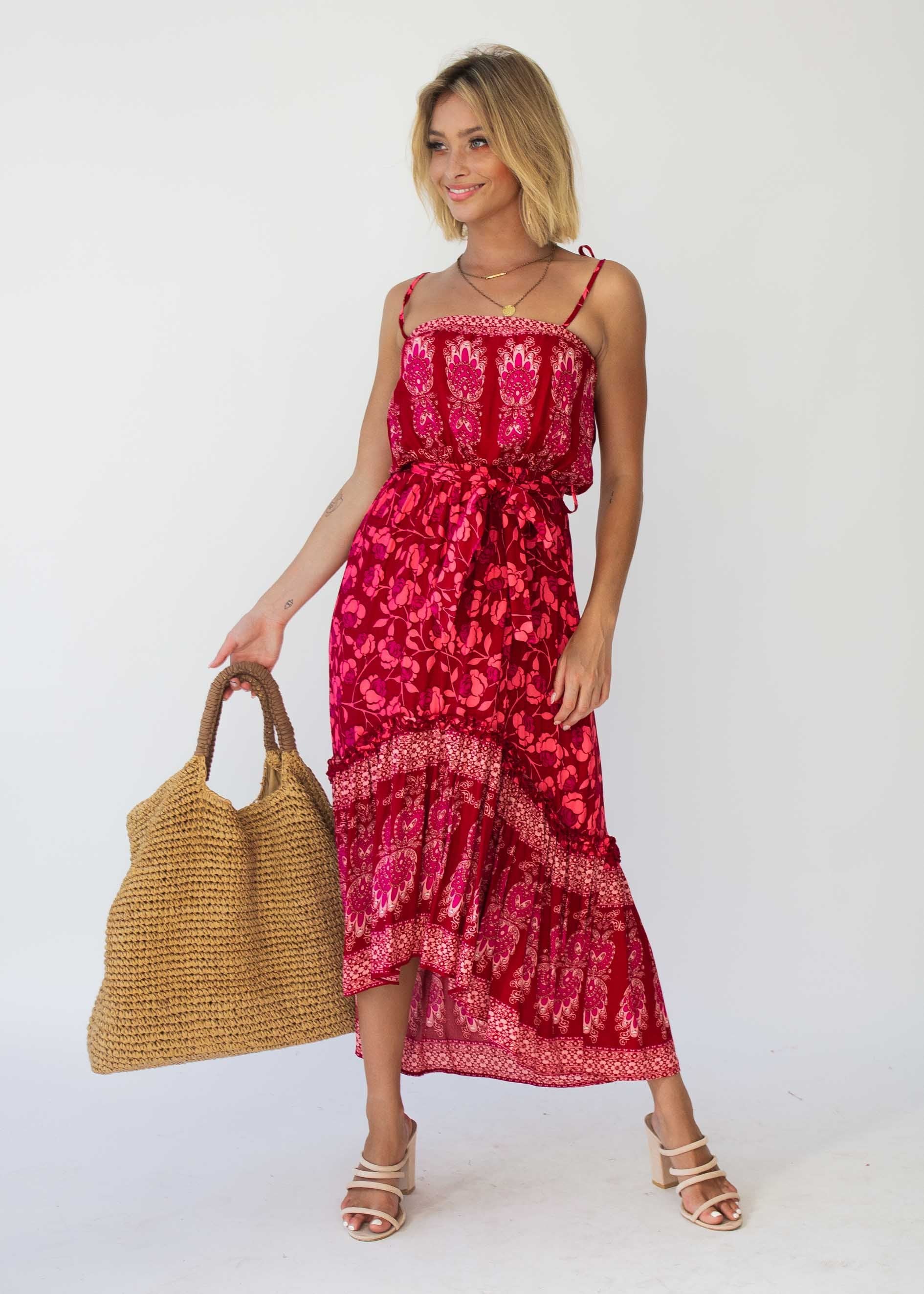Nathalia Hi-Lo Midi Dress - Crimson Floral