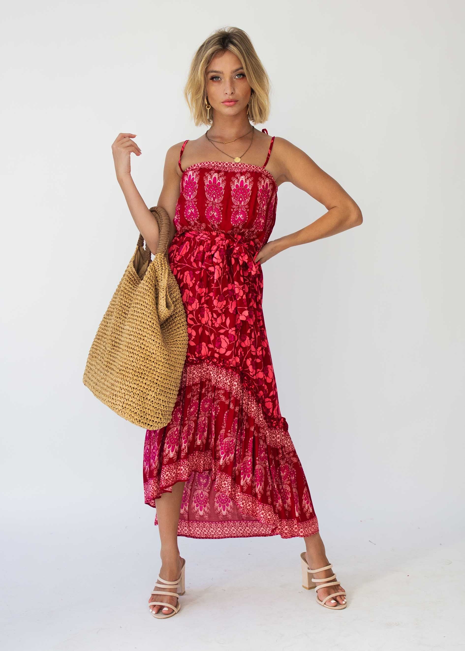 Nathalia Hi-Lo Midi Dress - Crimson Floral