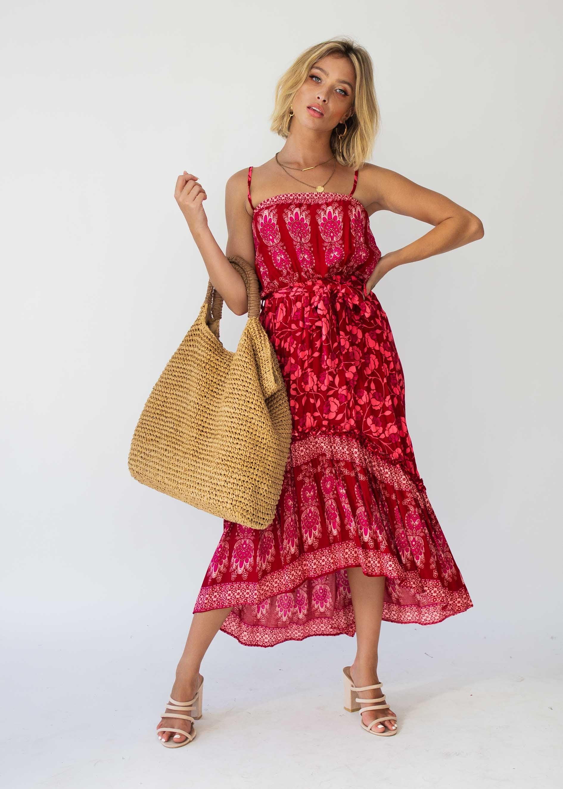 Nathalia Hi-Lo Midi Dress - Crimson Floral