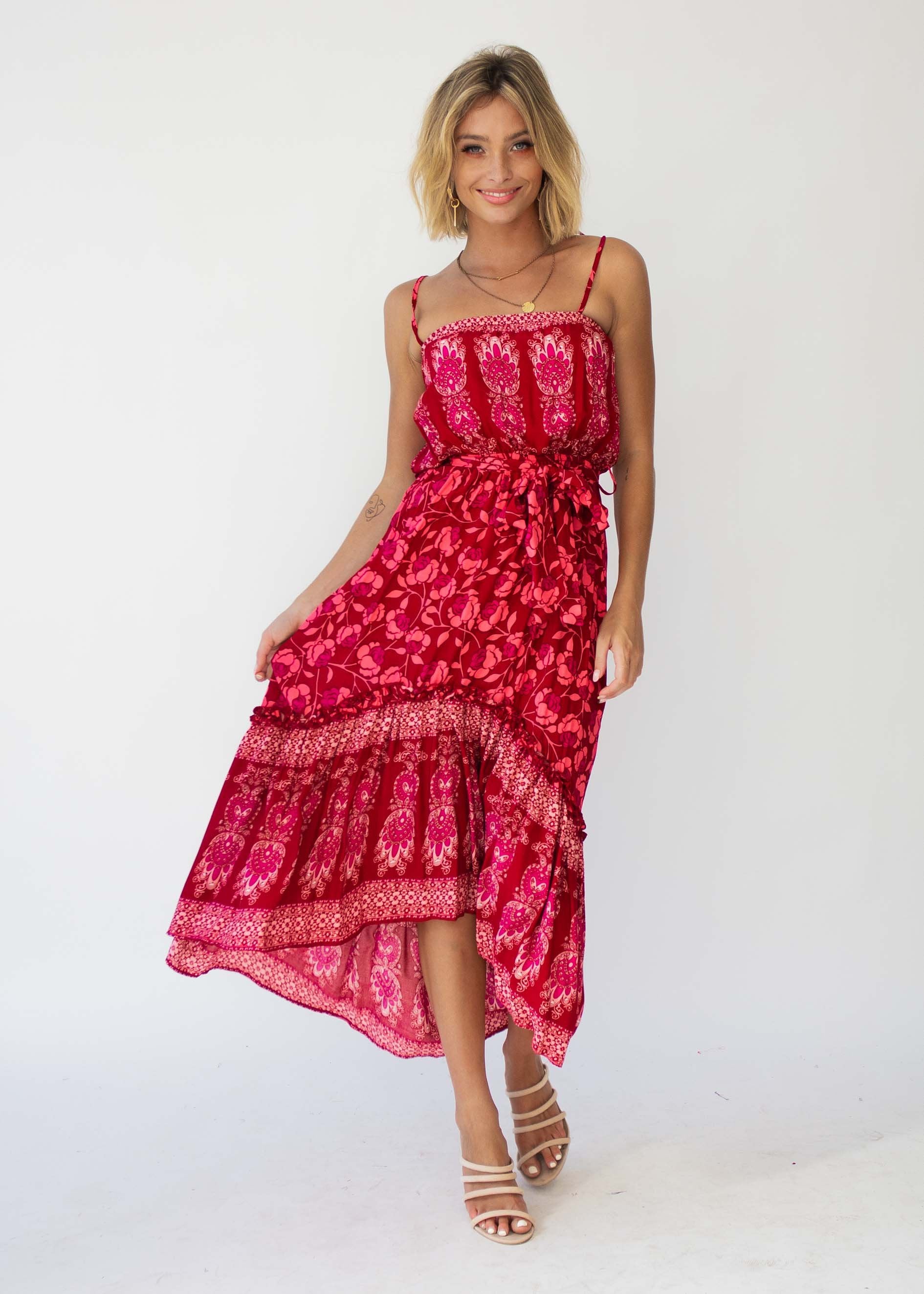 Nathalia Hi-Lo Midi Dress - Crimson Floral