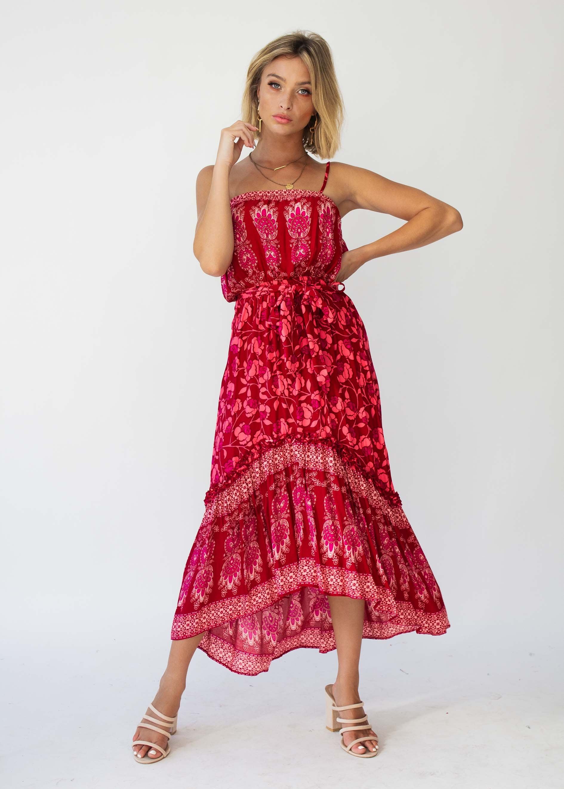 Nathalia Hi-Lo Midi Dress - Crimson Floral
