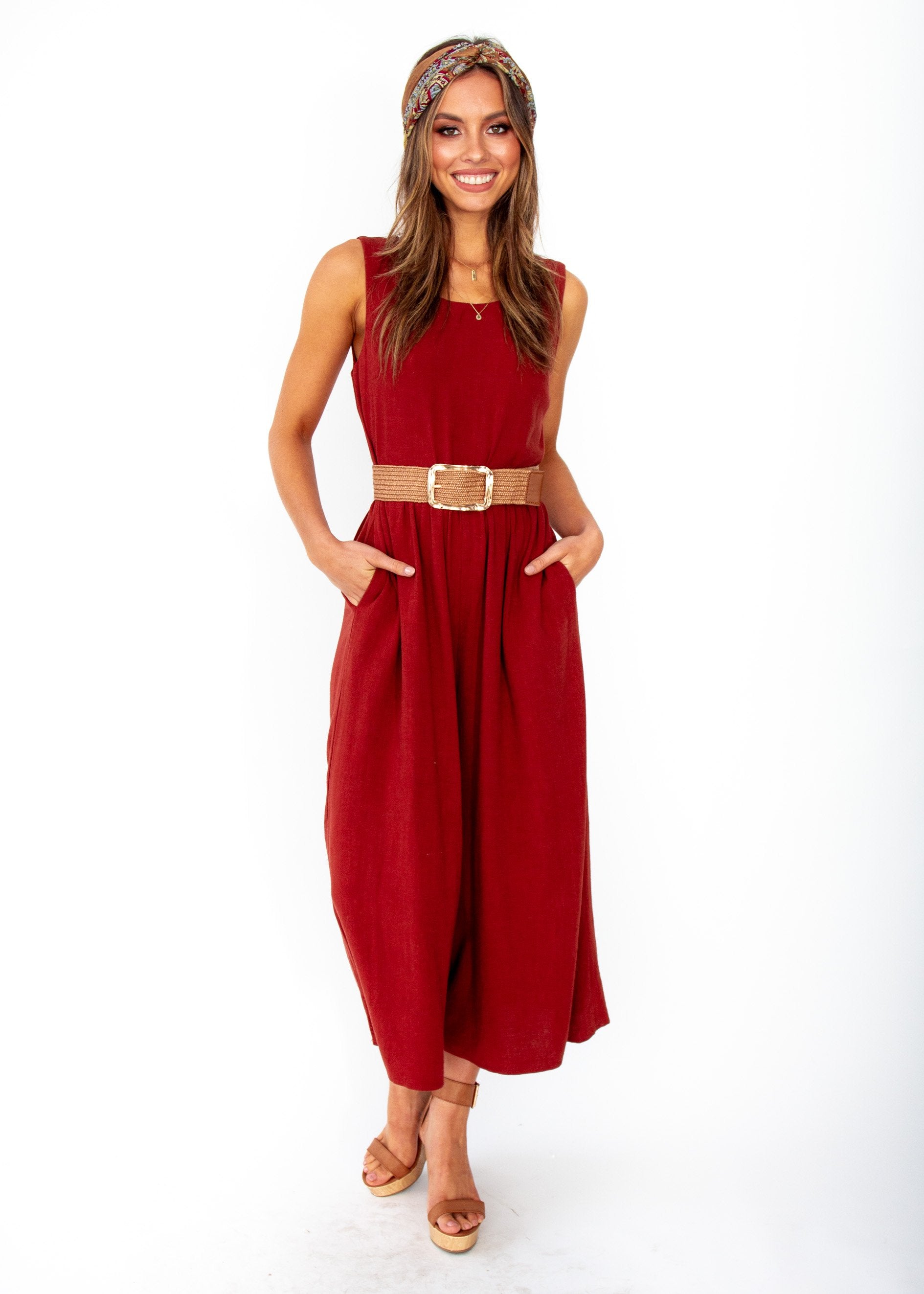 Women's Elsa Linen-Blend Pantsuit - Rust