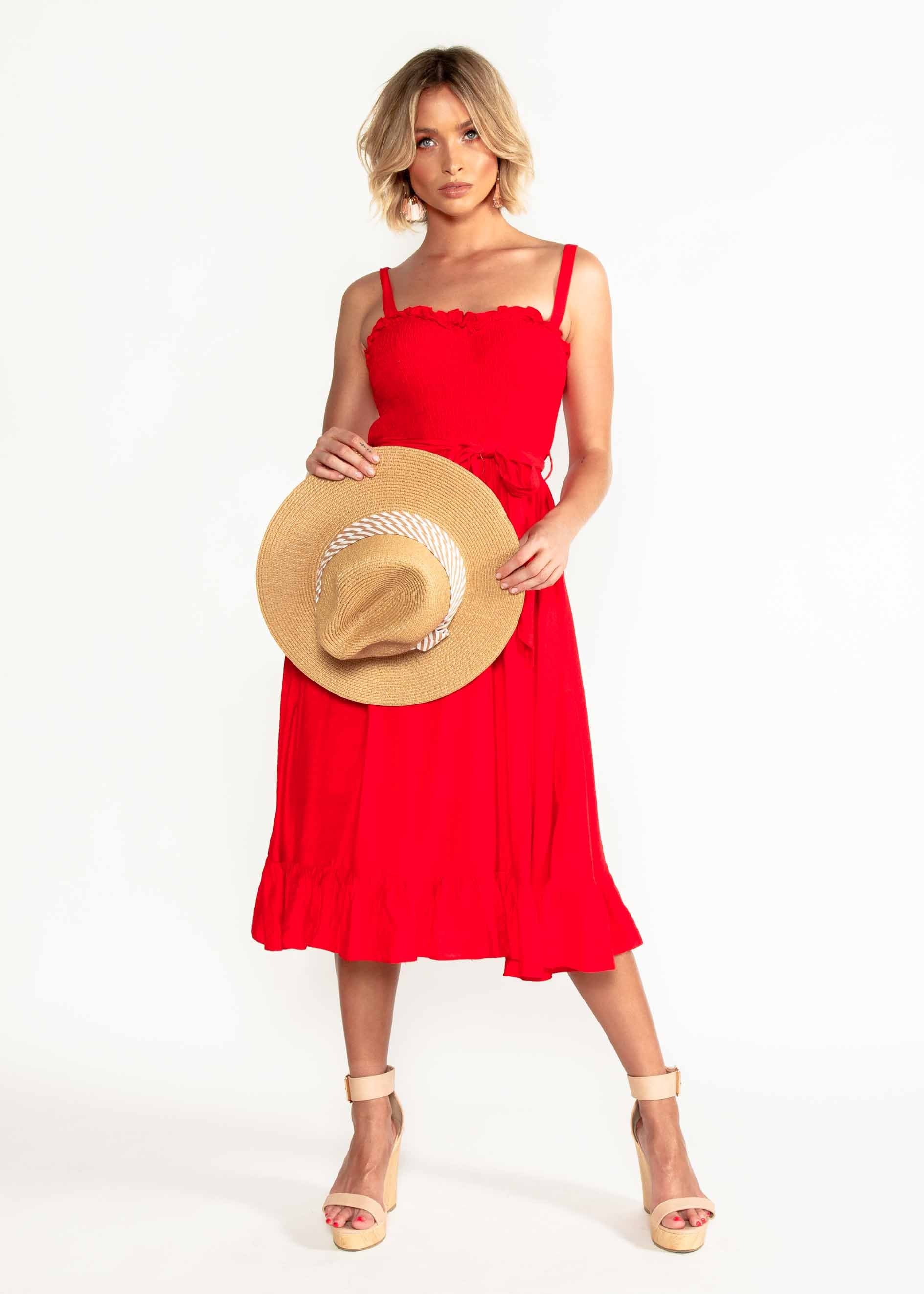 Great Escape Midi Dress w/ Tie - Red