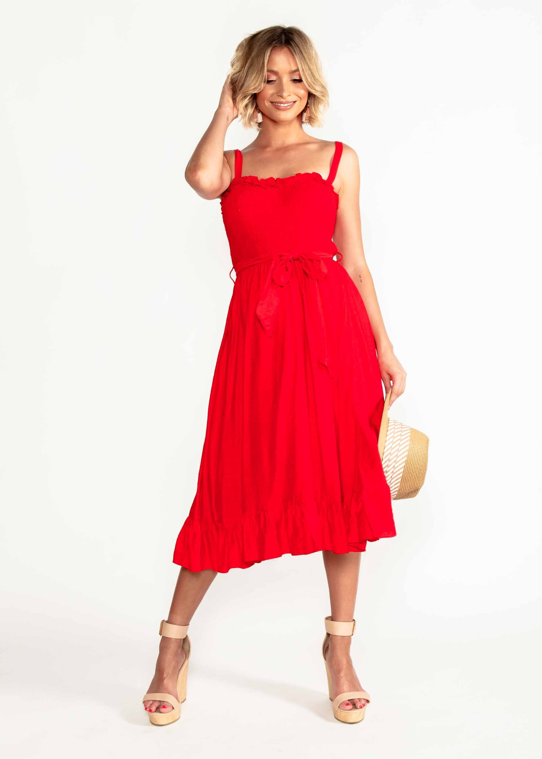 Great Escape Midi Dress w/ Tie - Red