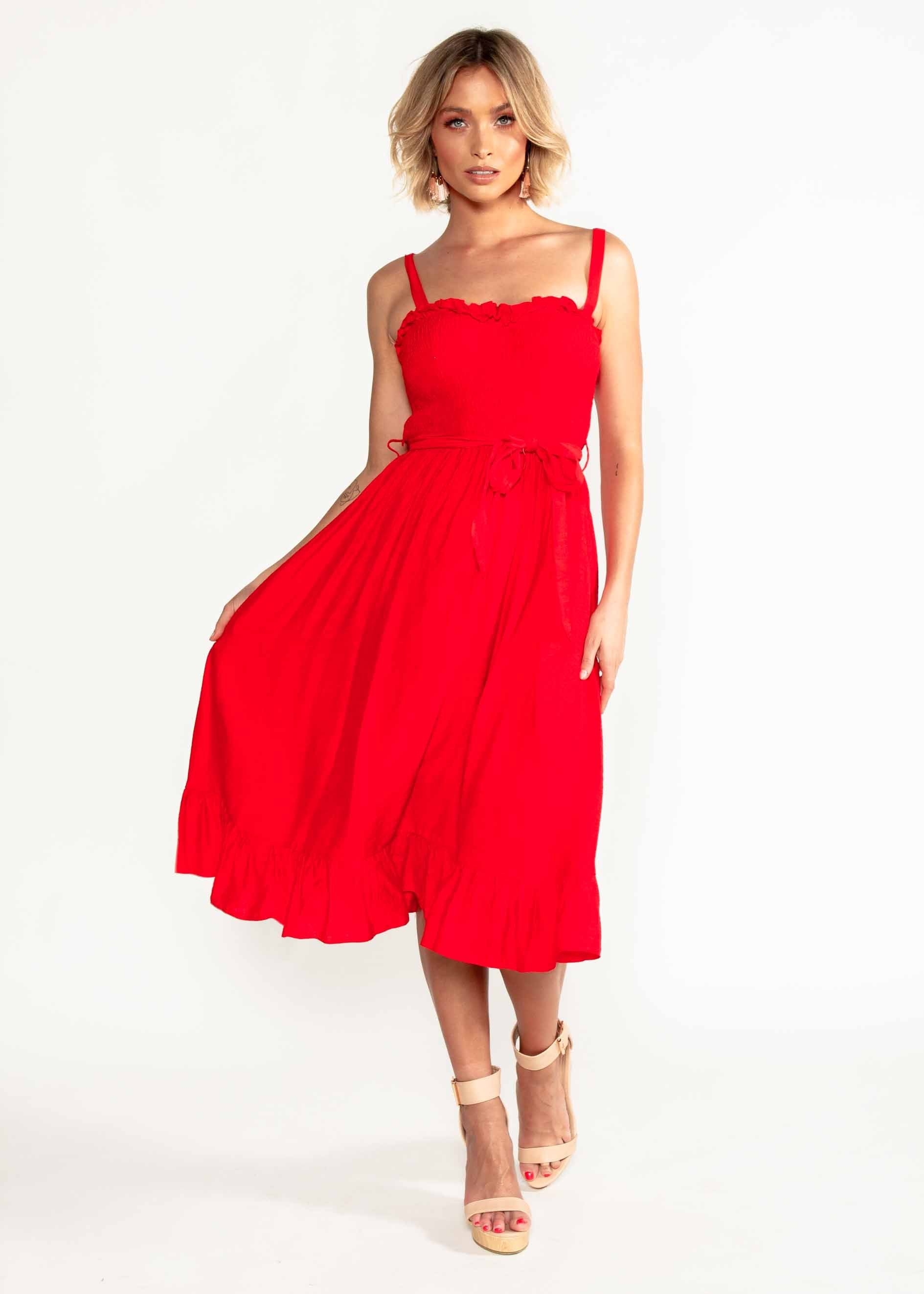 Great Escape Midi Dress w/ Tie - Red