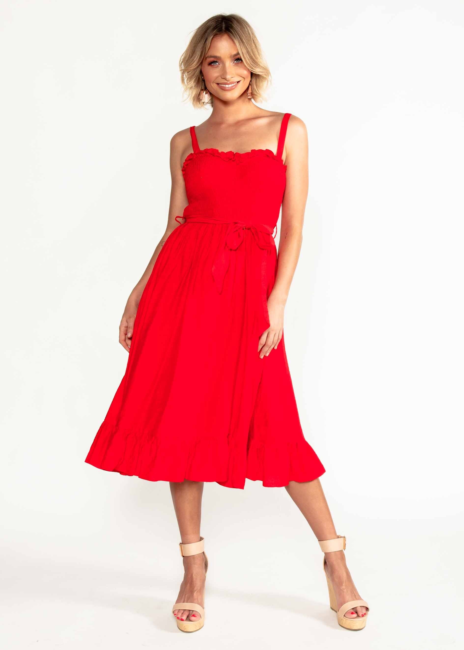 Great Escape Midi Dress w/ Tie - Red