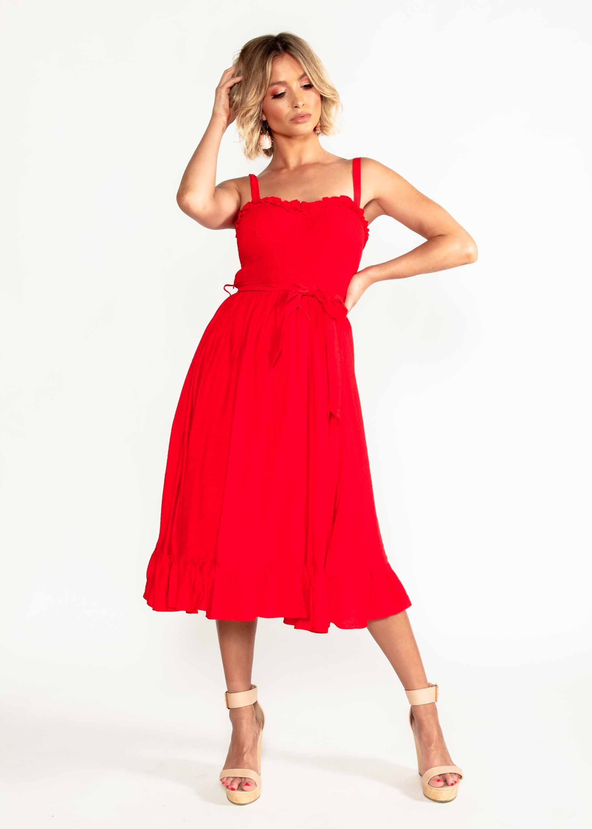 Great Escape Midi Dress w/ Tie - Red