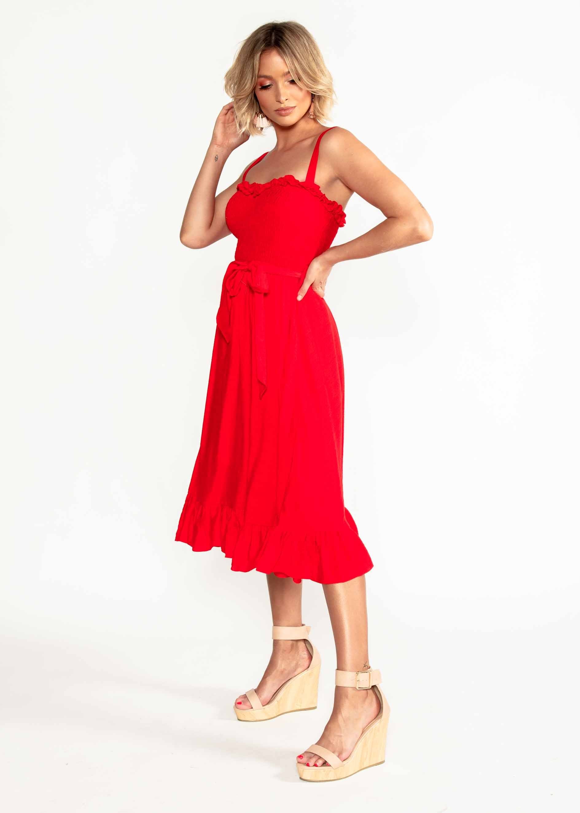 Great Escape Midi Dress w/ Tie - Red